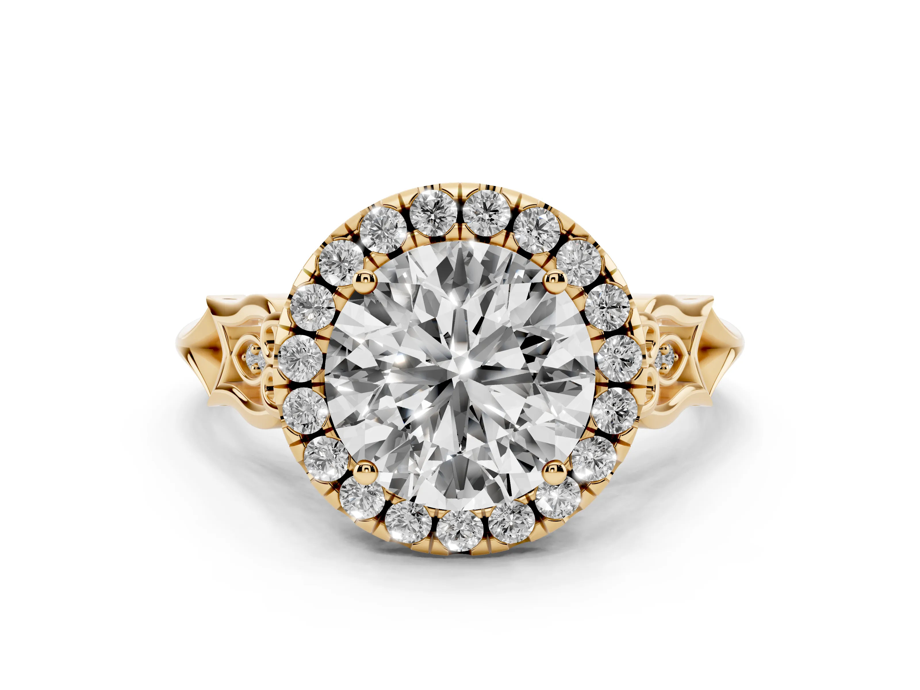 Round Cut Diamond Halo Engagement Ring Set in Yellow gold with Filigree Band and Prong-Set Center