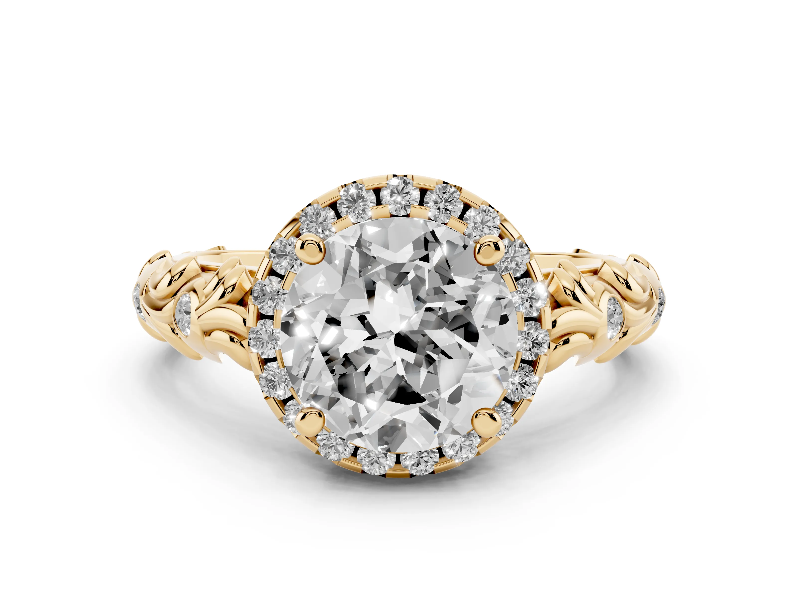 Round Cut Diamond Halo Ring Set in Yellow gold with Filigree Leaf Band and Prong Setting