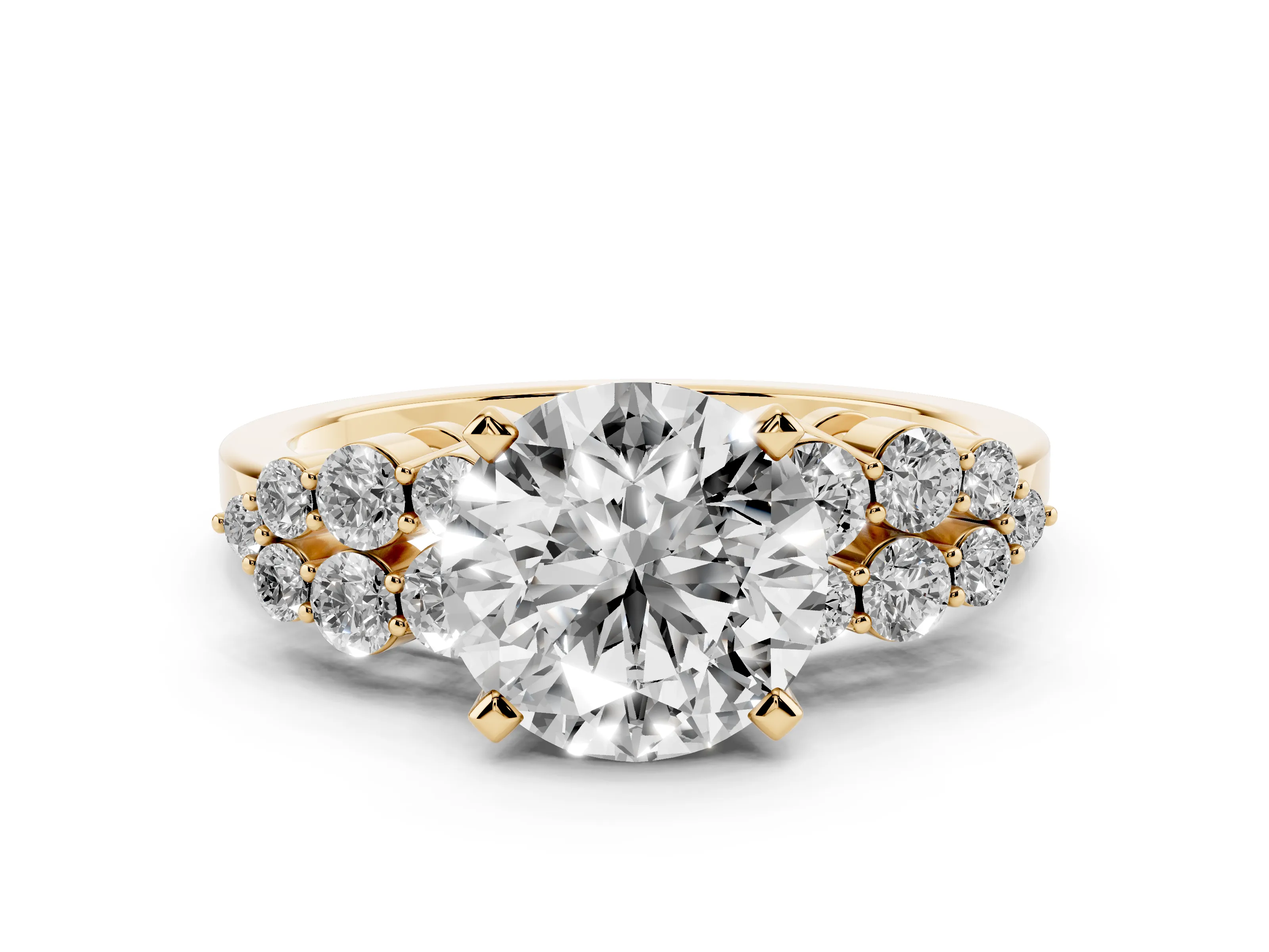 Round Cut Diamond Cluster Engagement Ring Set in Yellow gold with Pavé Band and Prong Setting