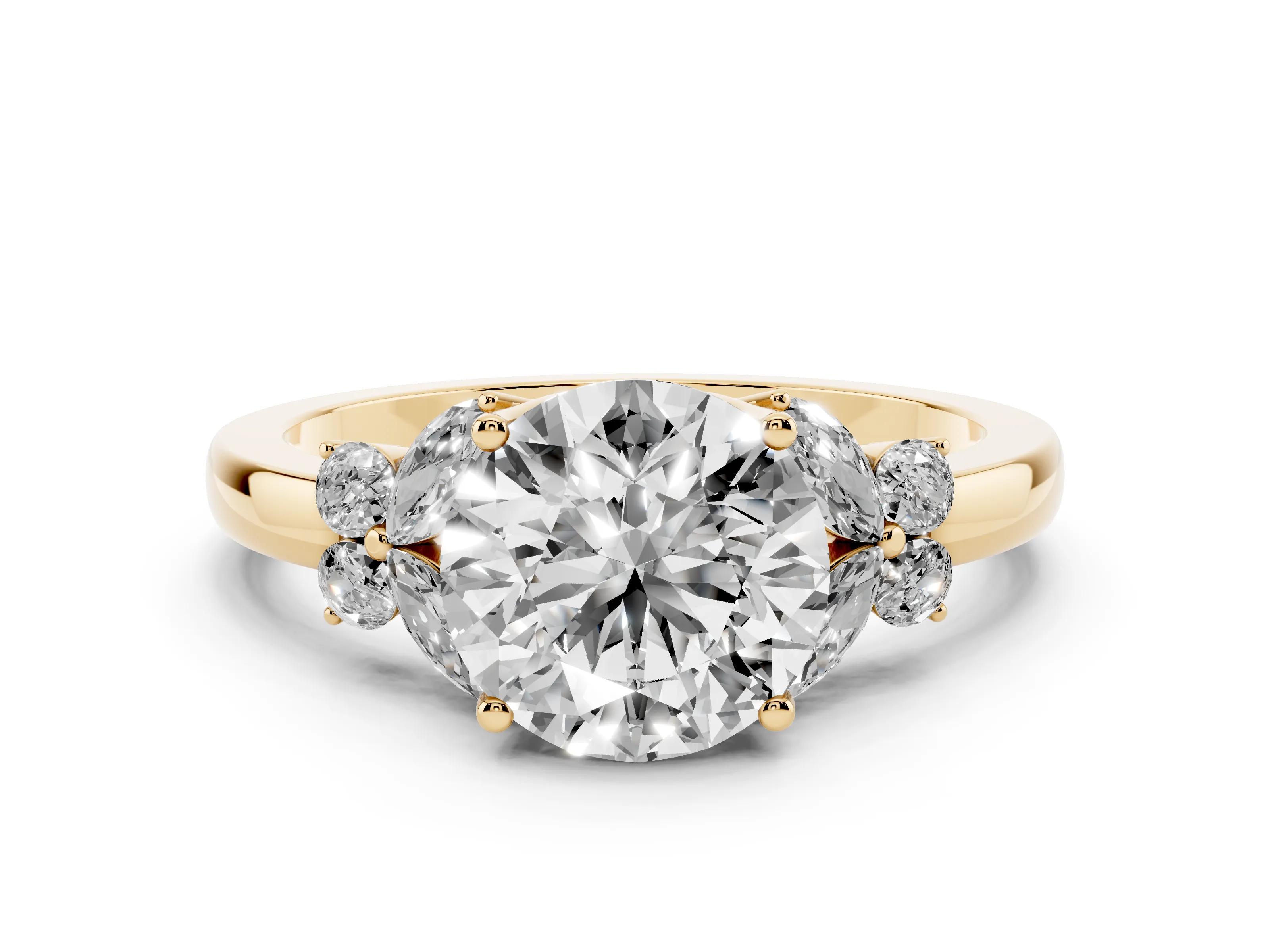 Round Cut Diamond Solitaire Floral Ring Set in Yellow gold with Marquise Petals and Prong Setting