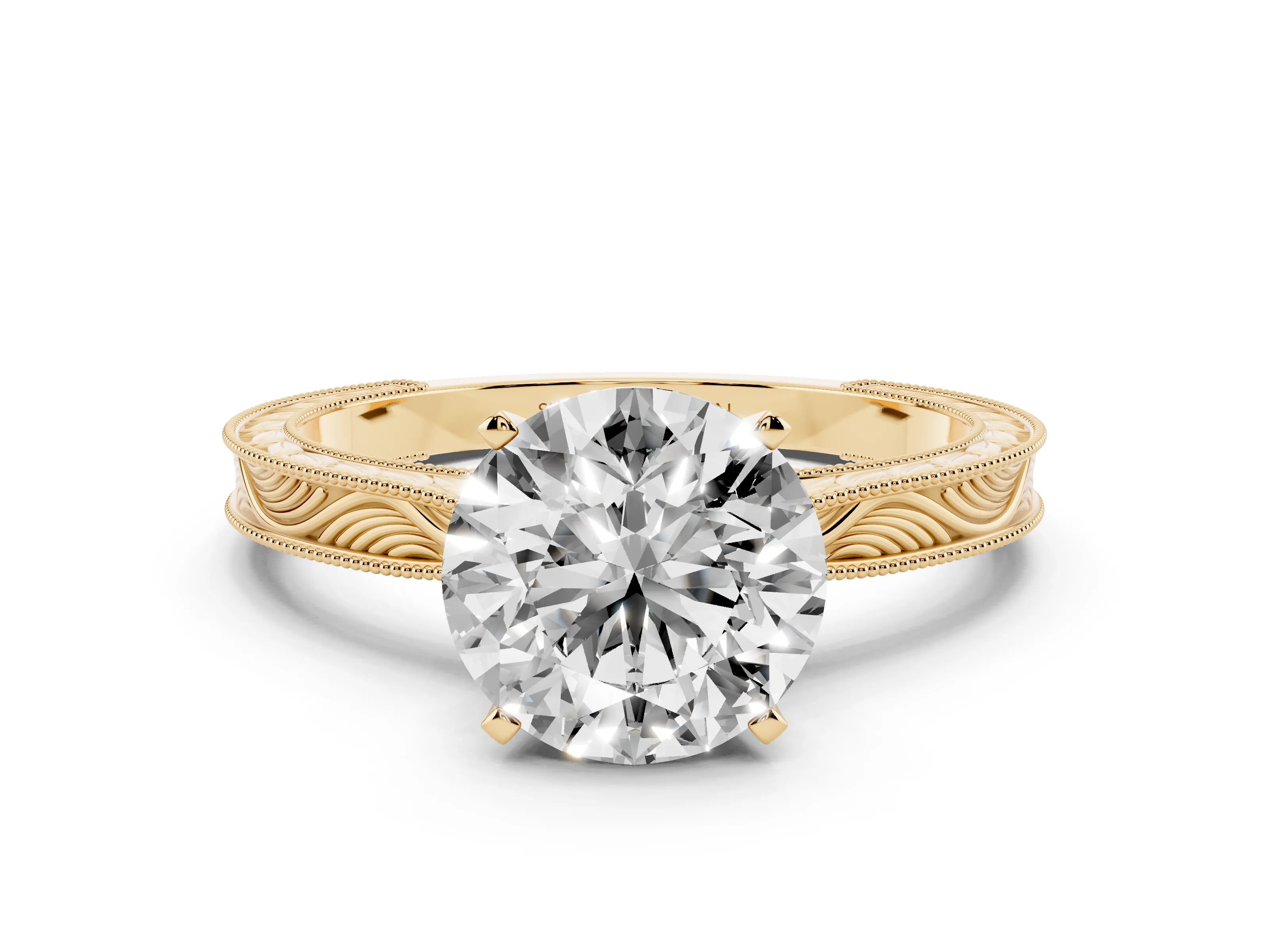Round Cut Diamond Solitaire Milgrain Engraved Band Set in Yellow gold with Prong Setting