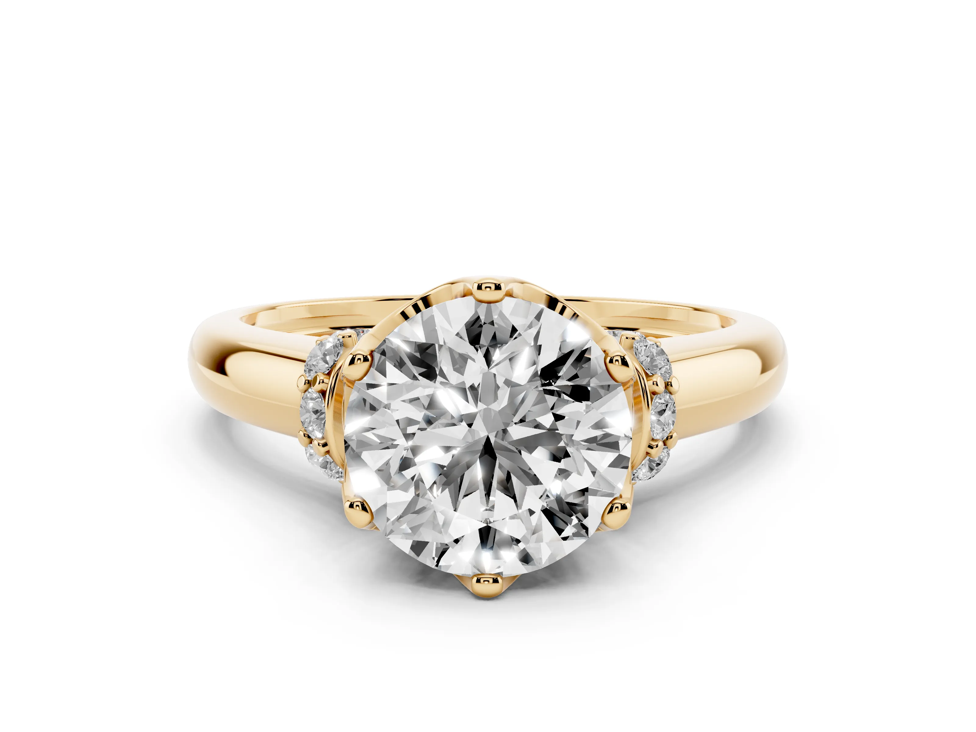 Round Cut Diamond Cathedral Solitaire Engagement Ring Set in Yellow gold with Pavé Accents
