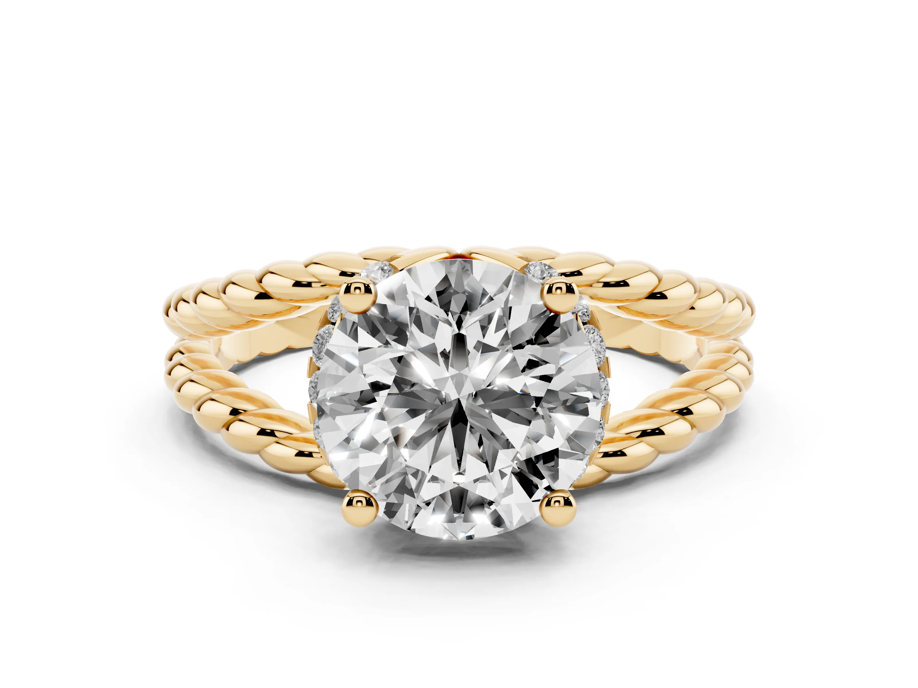 Round Cut Diamond Halo Ring Set in Yellow gold with Twisted Band and Prong Setting