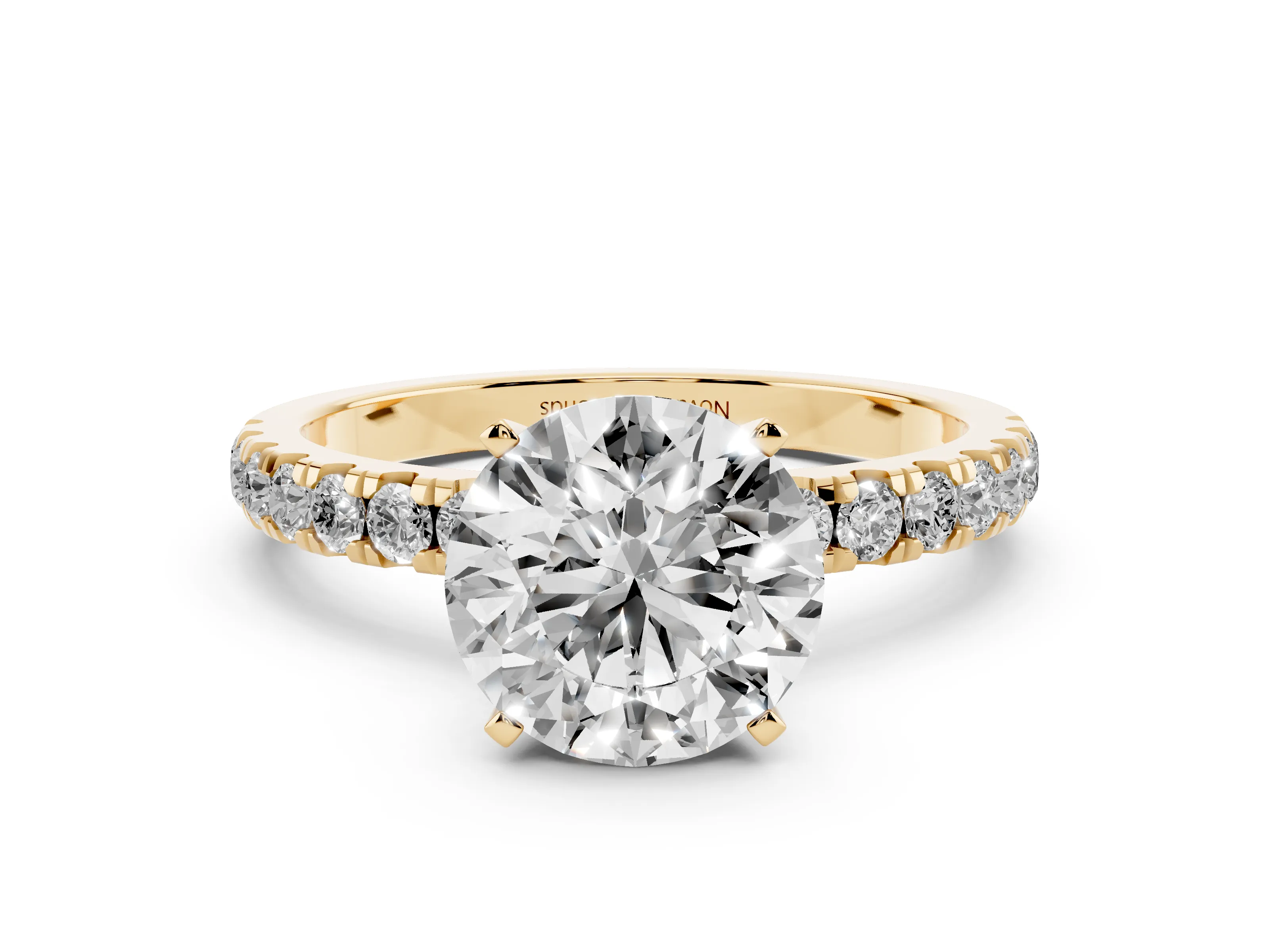 Round Cut Diamond Solitaire Ring Set in Yellow gold with Pavé Accents and Prong Setting