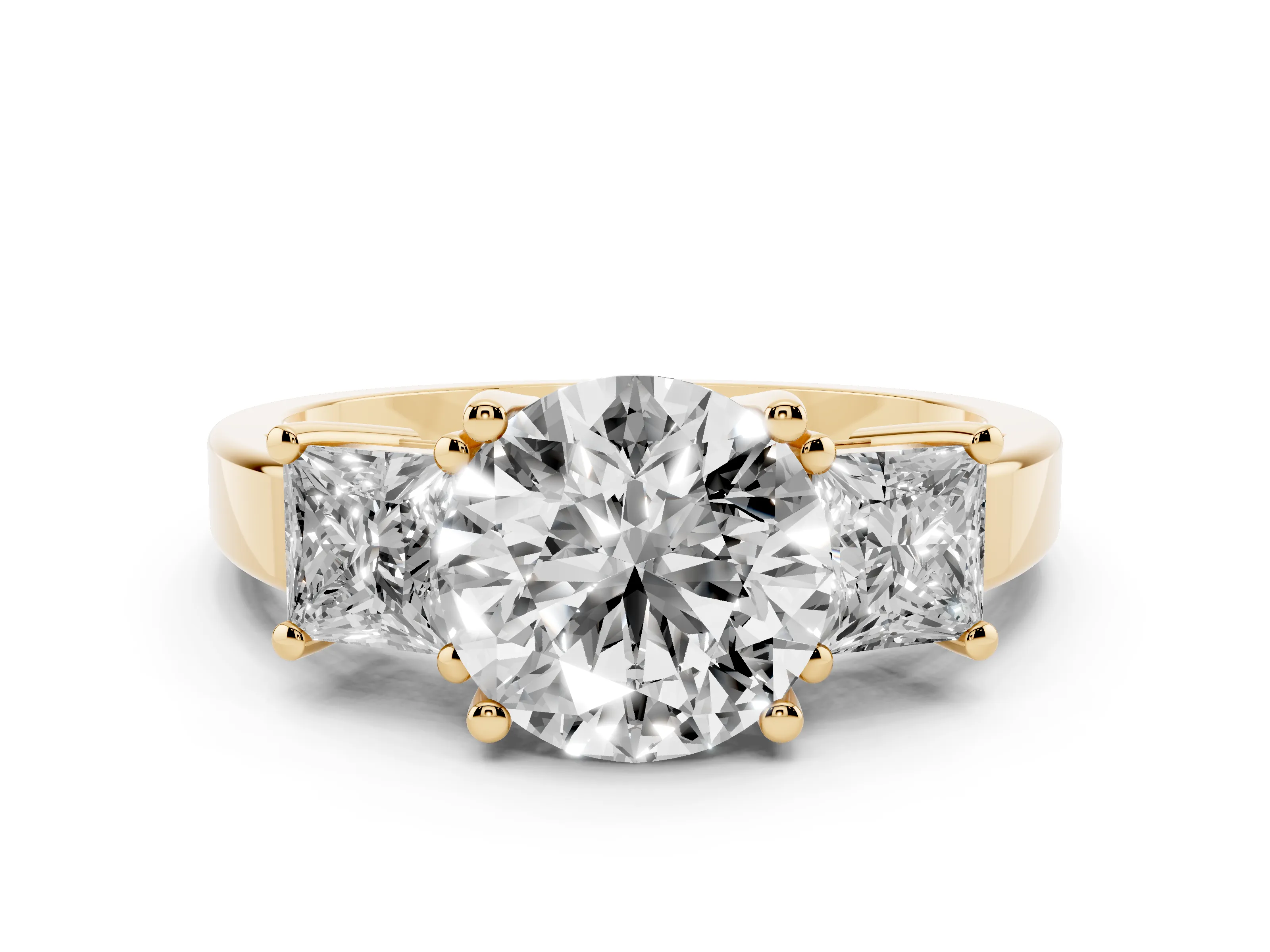 Three-Stone Round Cut Diamond Solitaire Ring Set in Yellow gold with Prong Setting