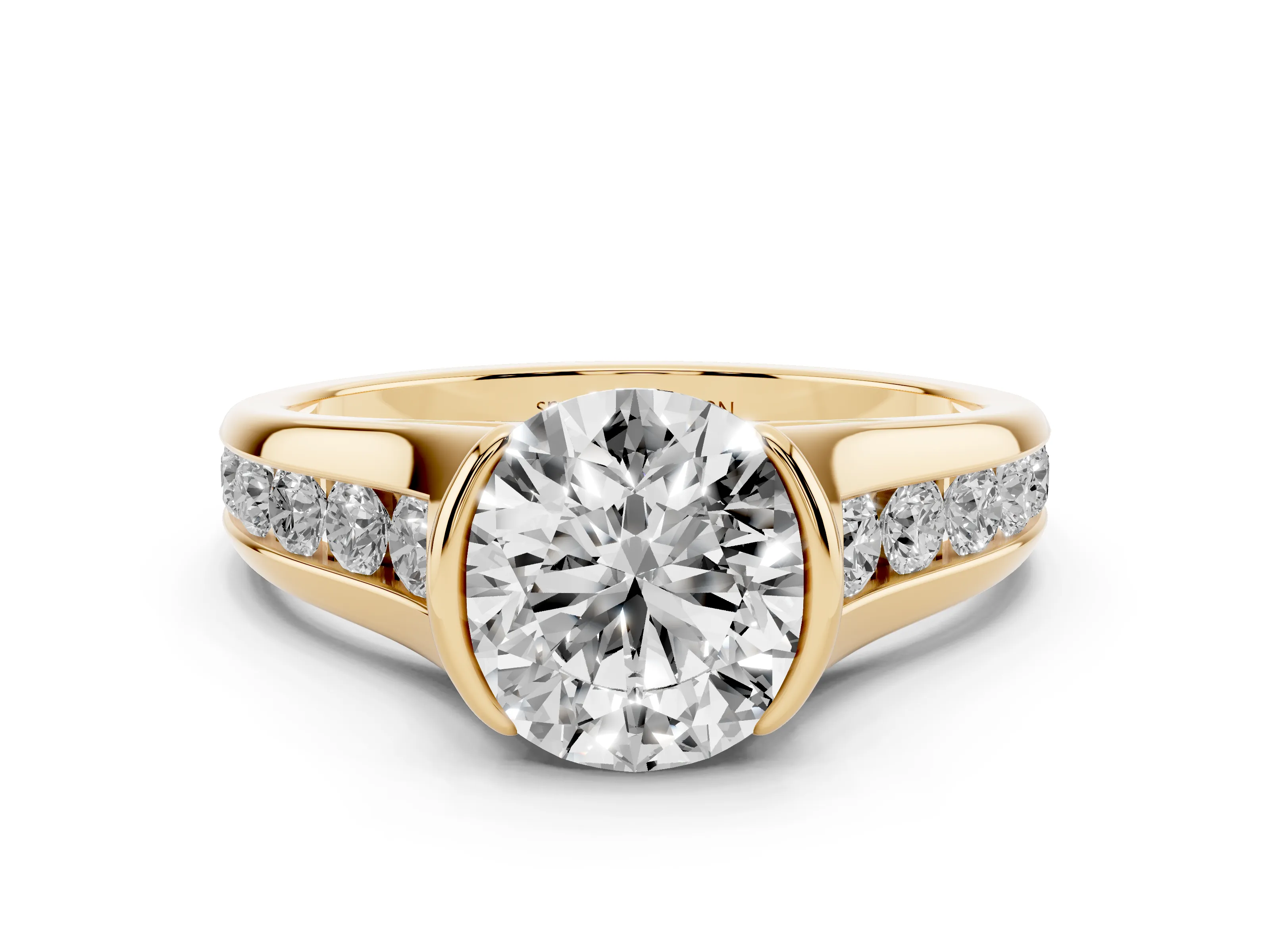 Round Cut Diamond Bezel-Set Solitaire Ring Set in Yellow gold with Channel-Set Band