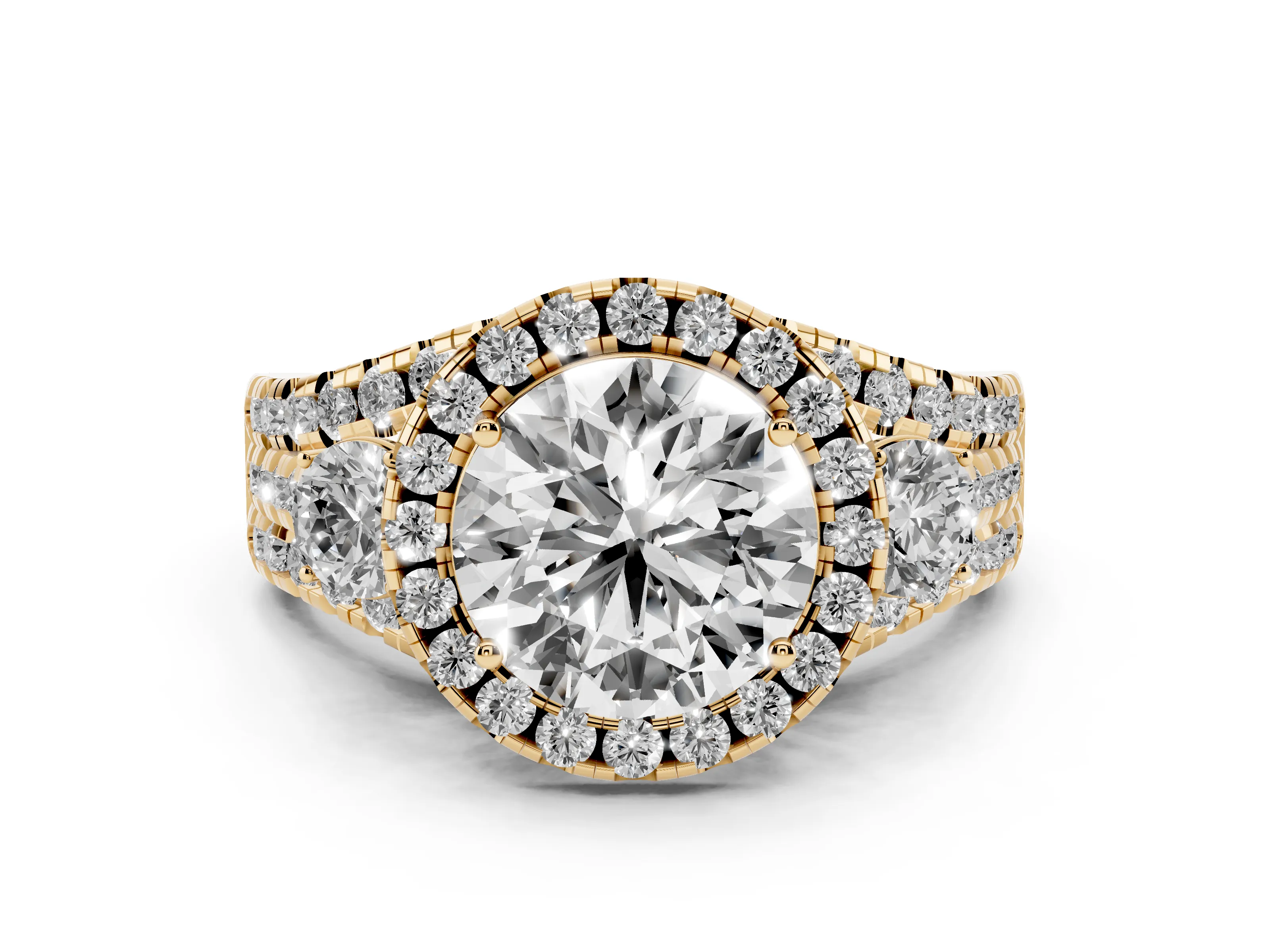 Round Cut Diamond Halo Split Shank Ring Set in Yellow gold with Round Accent Stones and Prong Setting