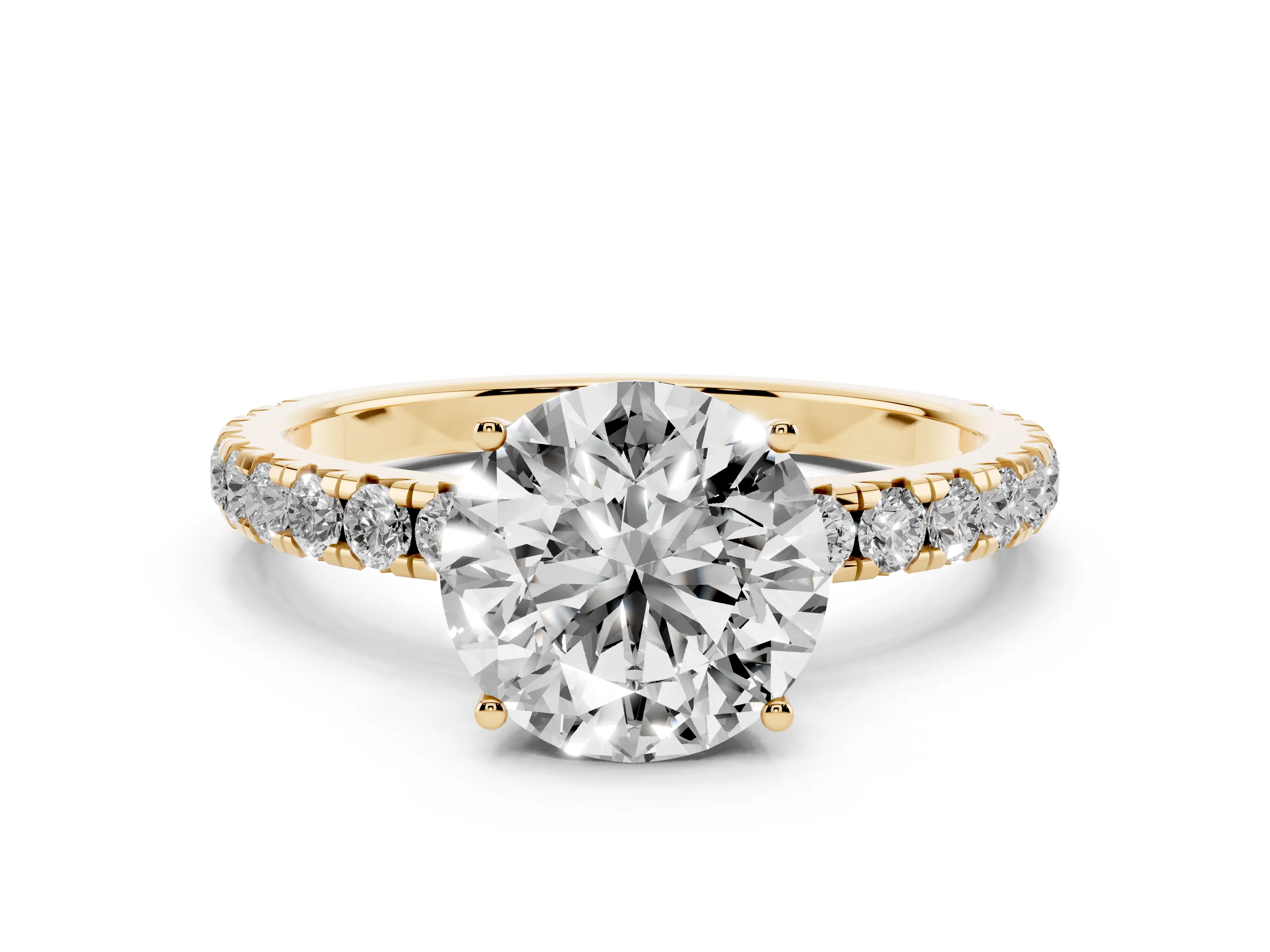 Round Cut Diamond Pavé Solitaire Engagement Ring Set in Yellow gold with Prong Setting