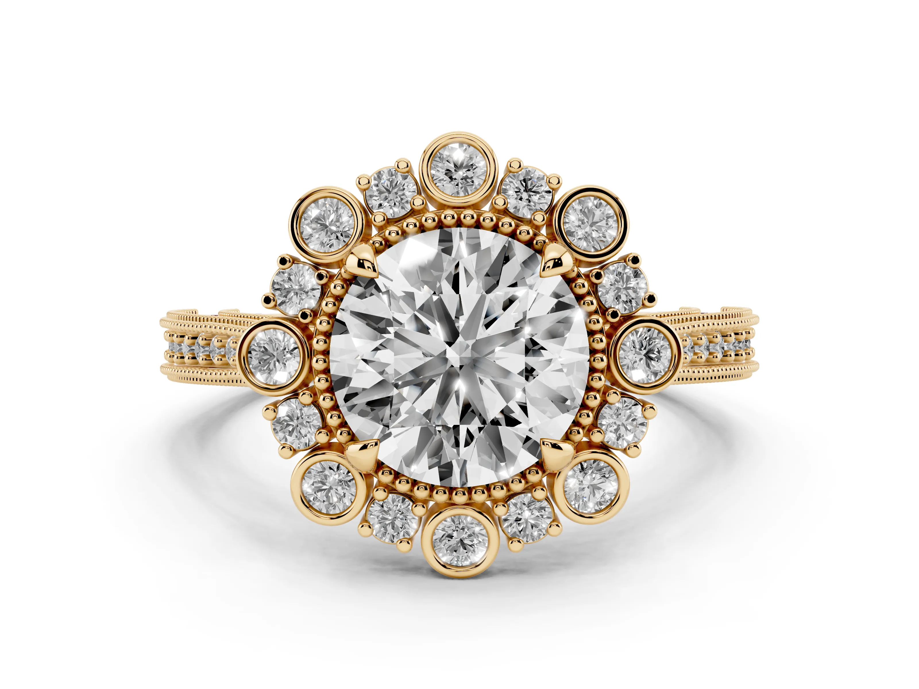 Round Cut Diamond Halo Milgrain Pavé Ring Set in Yellow gold with Prong Setting