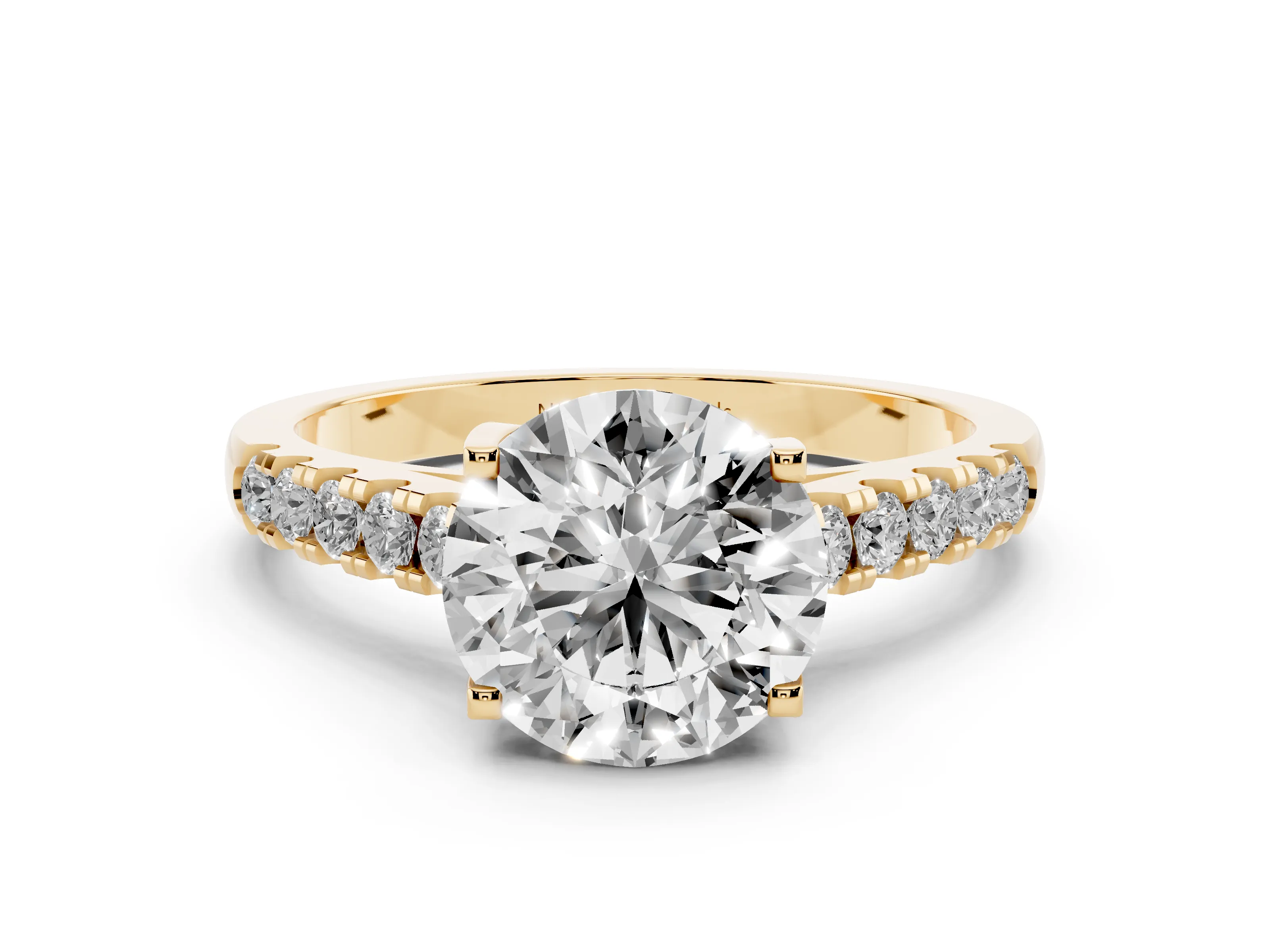 Round Cut Diamond Pavé Band Solitaire Ring Set in Yellow gold with Partway Accent Stones and Prong Setting