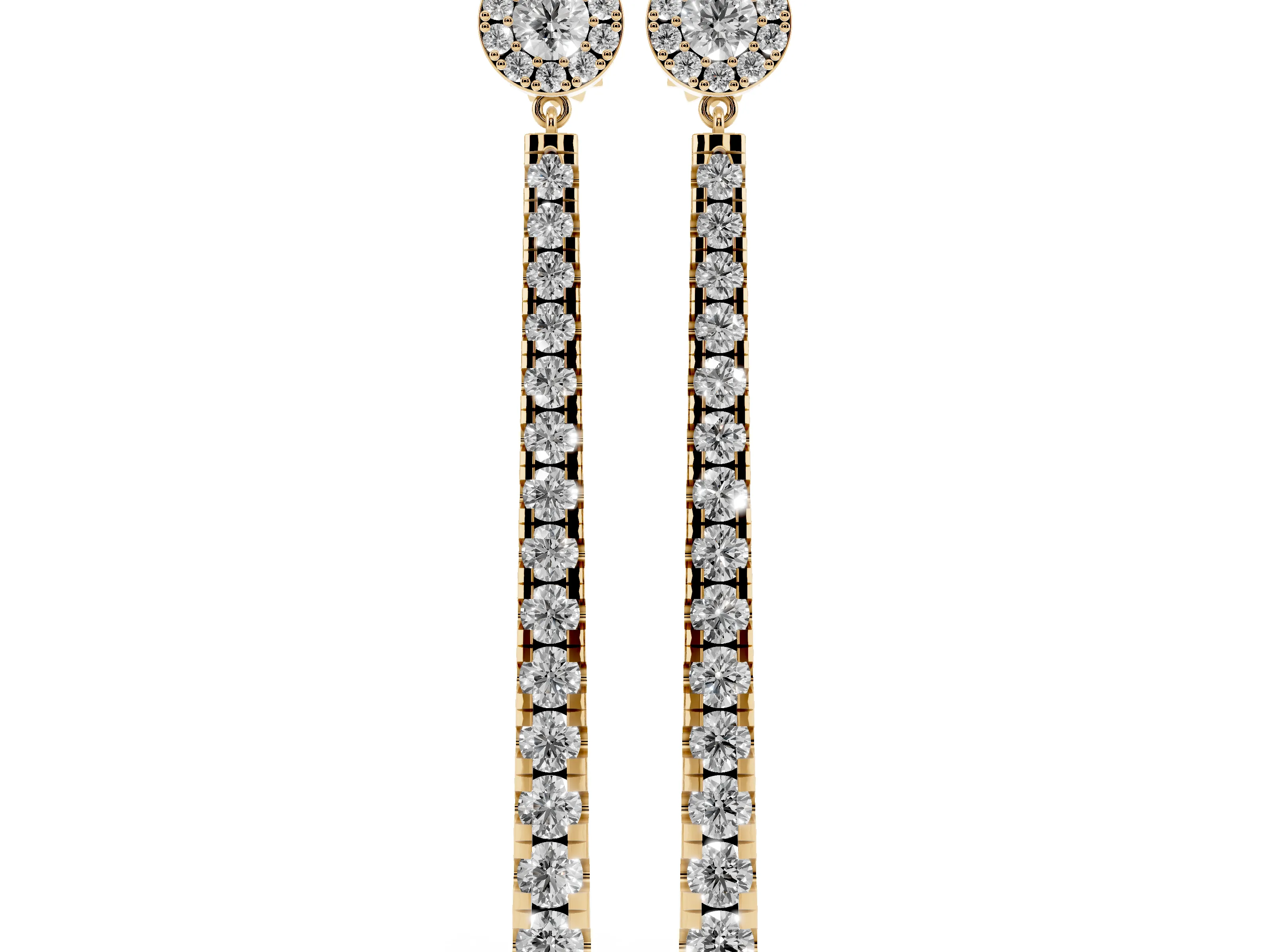 Round Lab-Grown Diamond Graduated Linear Drop Earrings | Halo Stud Top | Yellow Gold