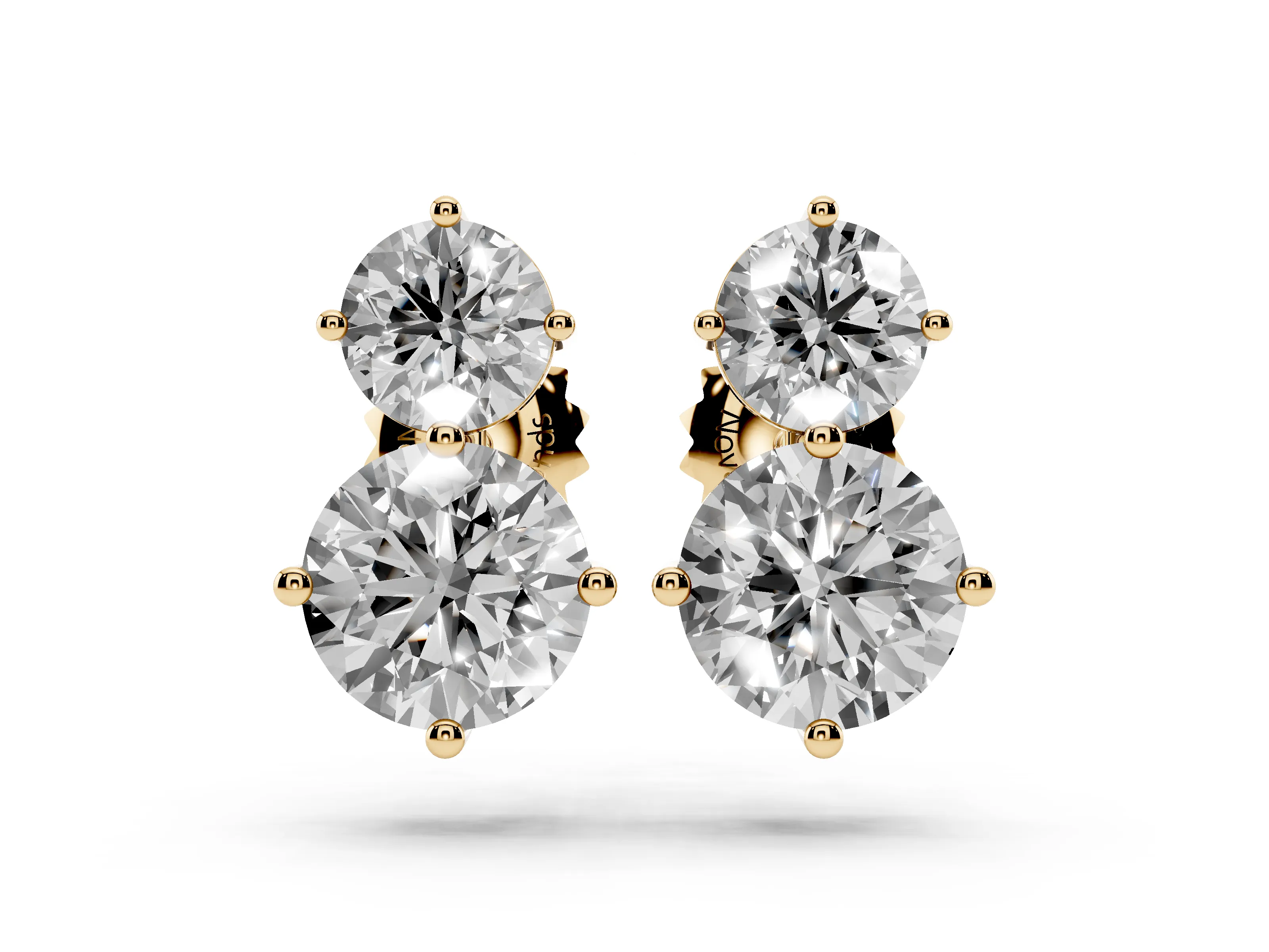 Round Lab-Grown Diamond Vertical Two Stone Stud Earrings | Small Over Large | Yellow Gold