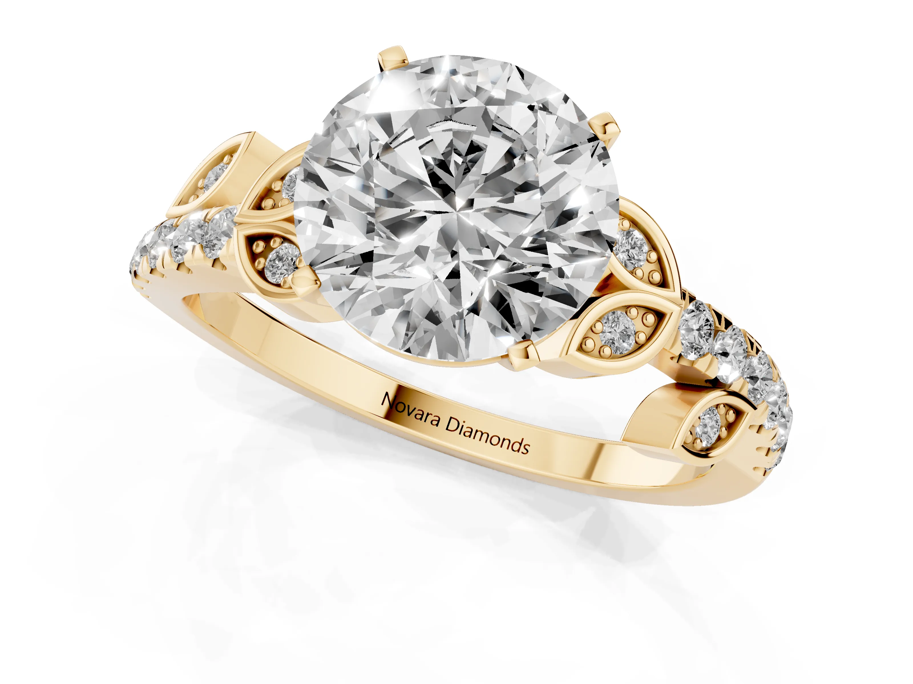 Round Cut Diamond Solitaire Leaf-Inspired Ring Set in Yellow gold with Pavé Band and Prong Setting