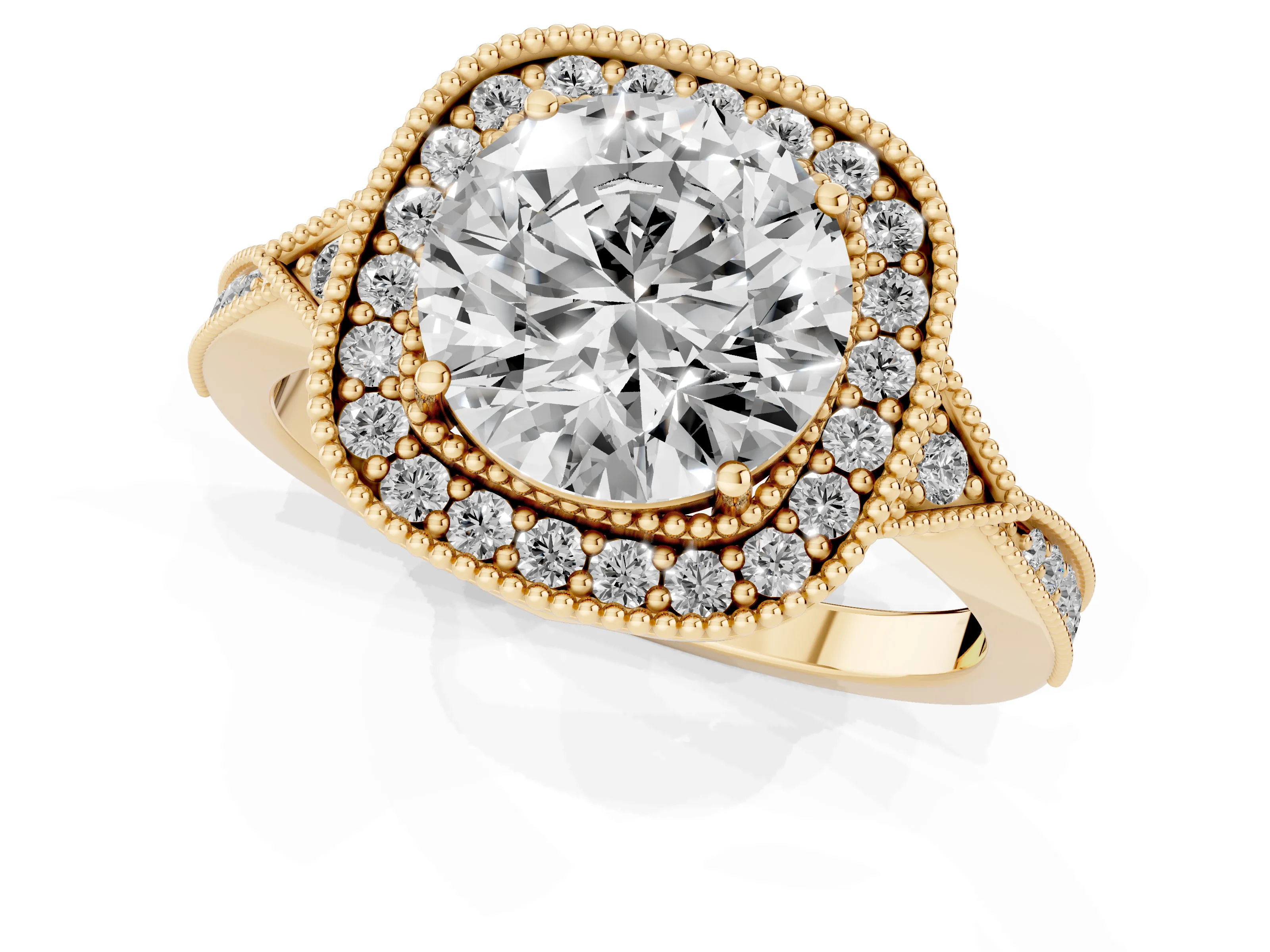 Round Cut Diamond Halo Engagement Ring Set in Yellow gold with Milgrain Pavé Band