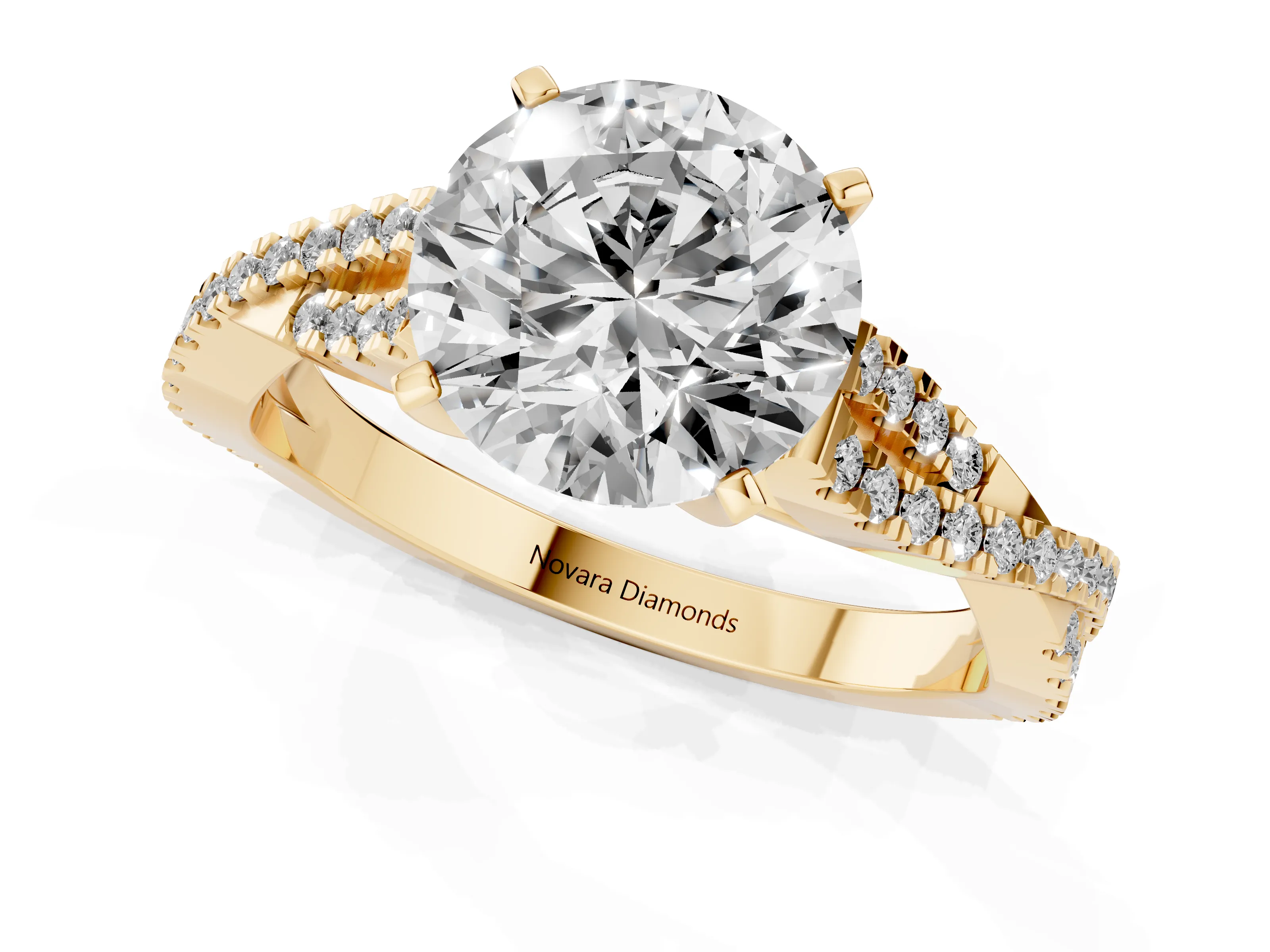 Round Cut Diamond Solitaire Engagement Ring Set in Yellow gold with Twisted Pavé Band and Prong Setting