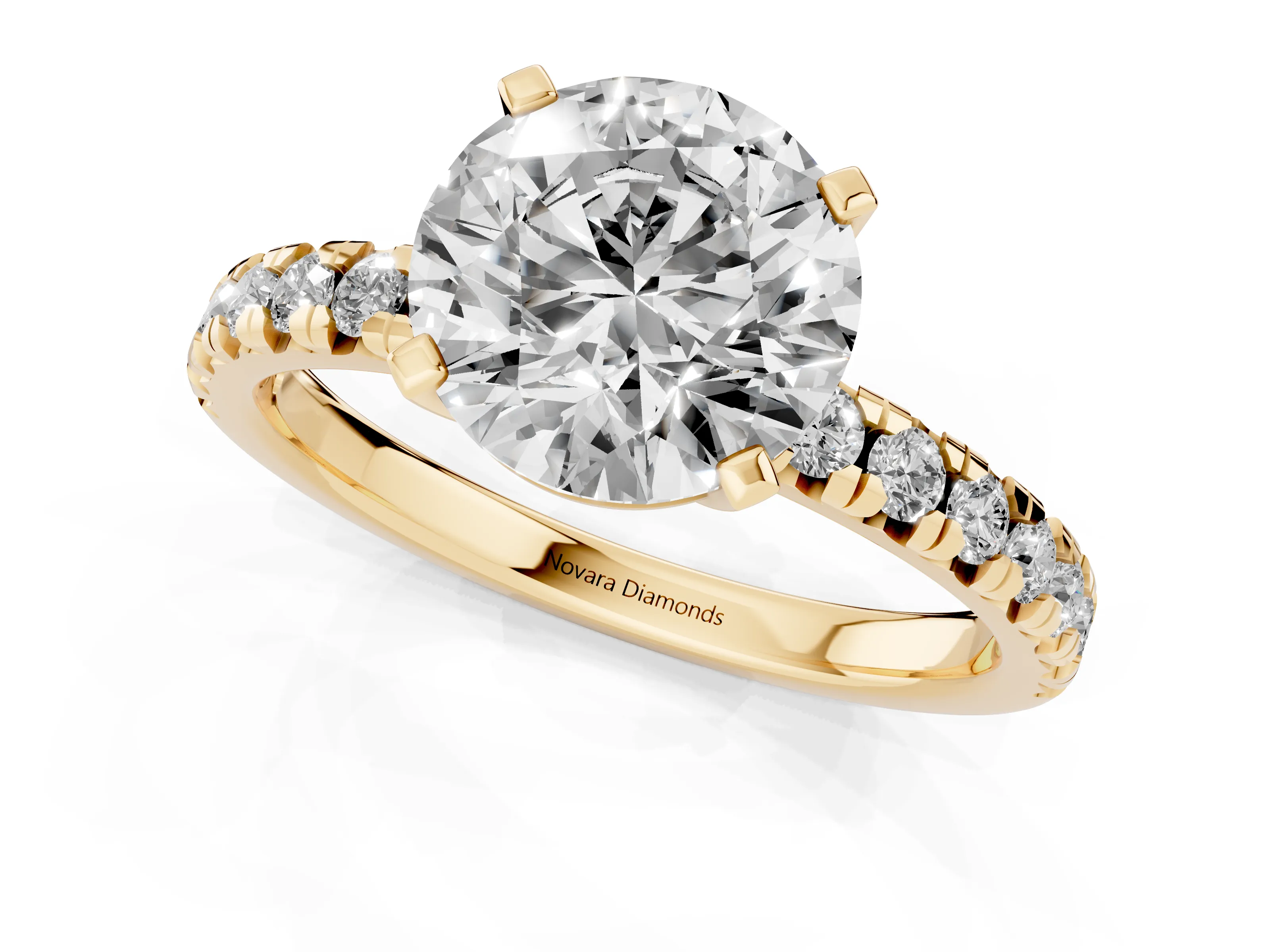 Round Cut Diamond Solitaire Pavé Engagement Ring Set in Yellow gold with Round Band and Prong Setting