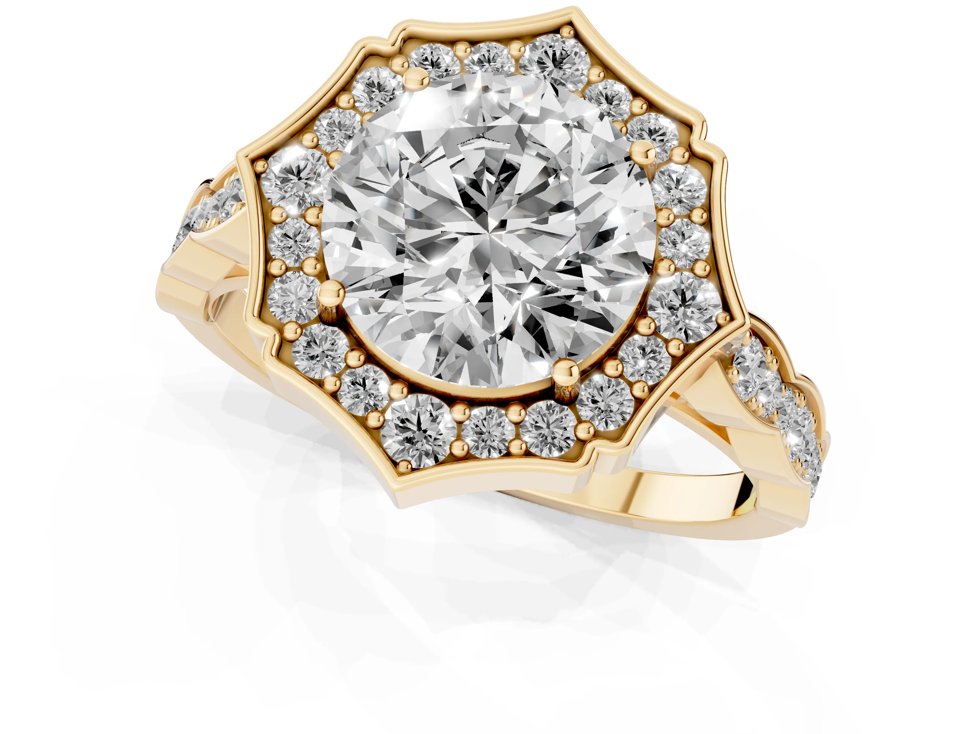 Round Cut Diamond Halo Engagement Ring Set in Yellow gold with Milgrain Band and Prong Setting – second view