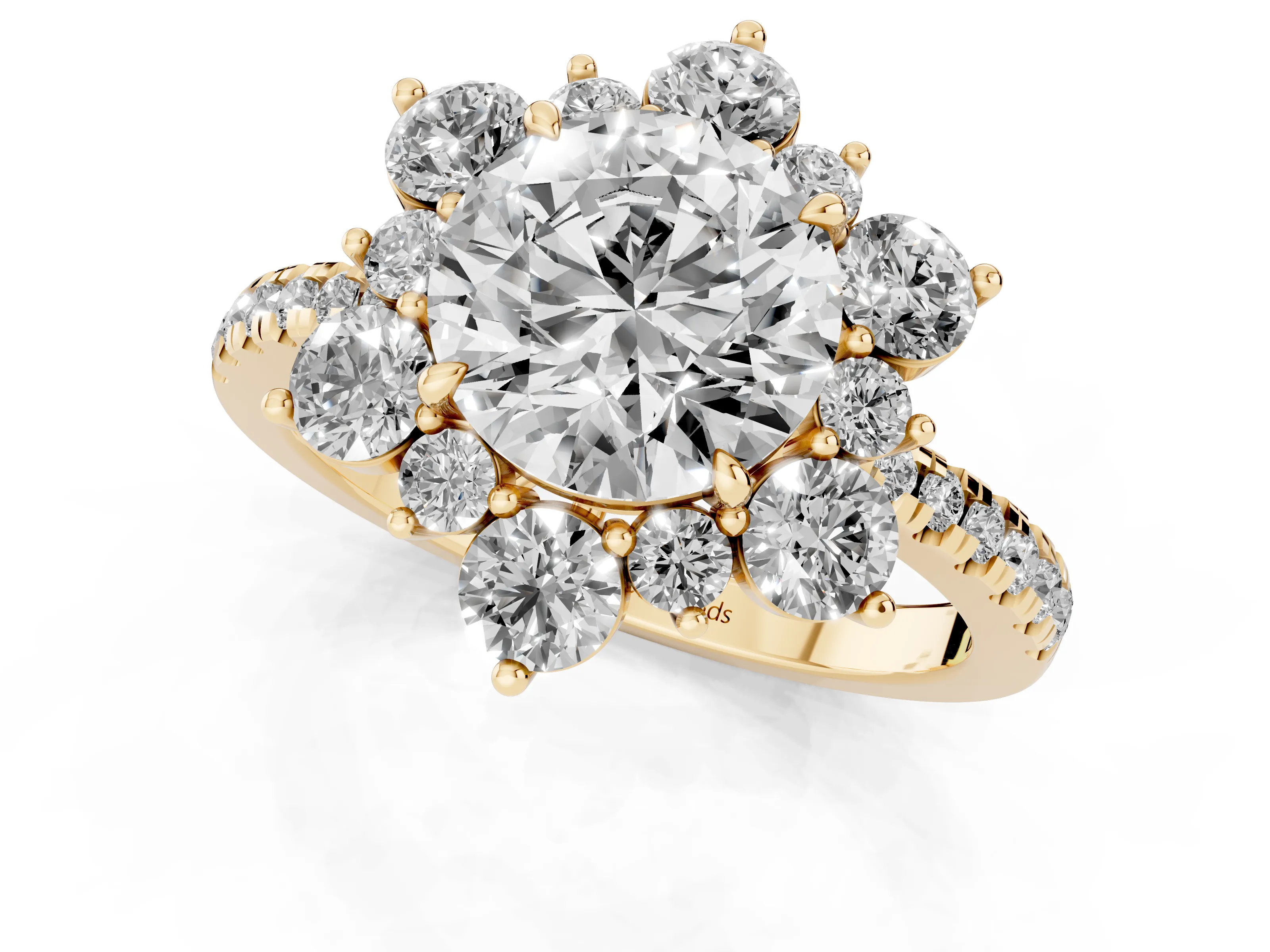 Round Cut Diamond Floral Halo Ring Set in Yellow gold with Round Pavé Band and Prong Setting