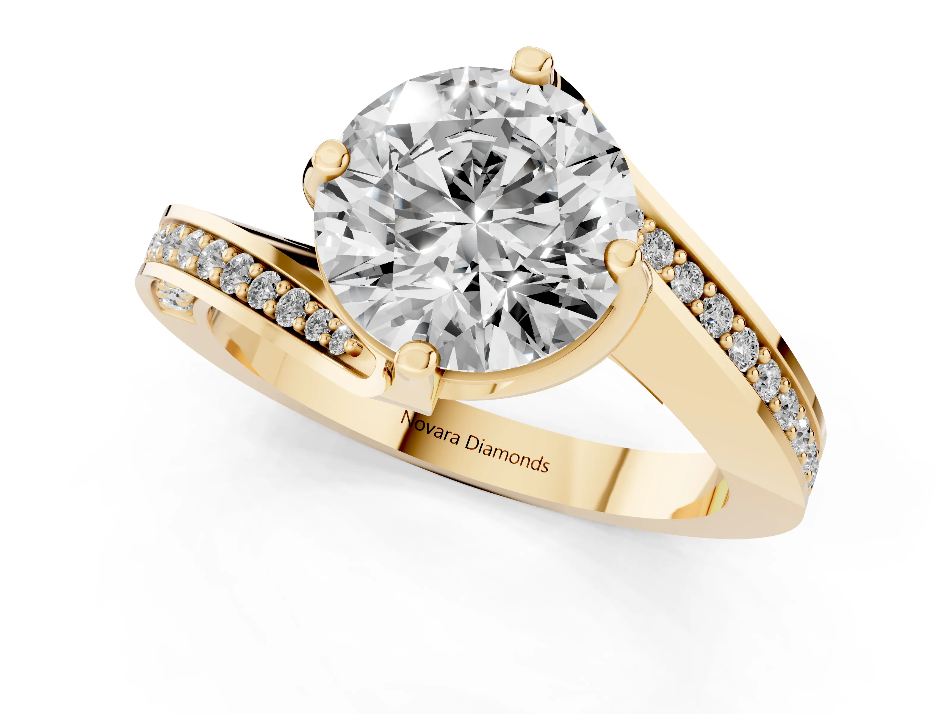 Round Cut Diamond Solitaire Ring Set in Yellow gold with Intertwined Pavé Twist Band