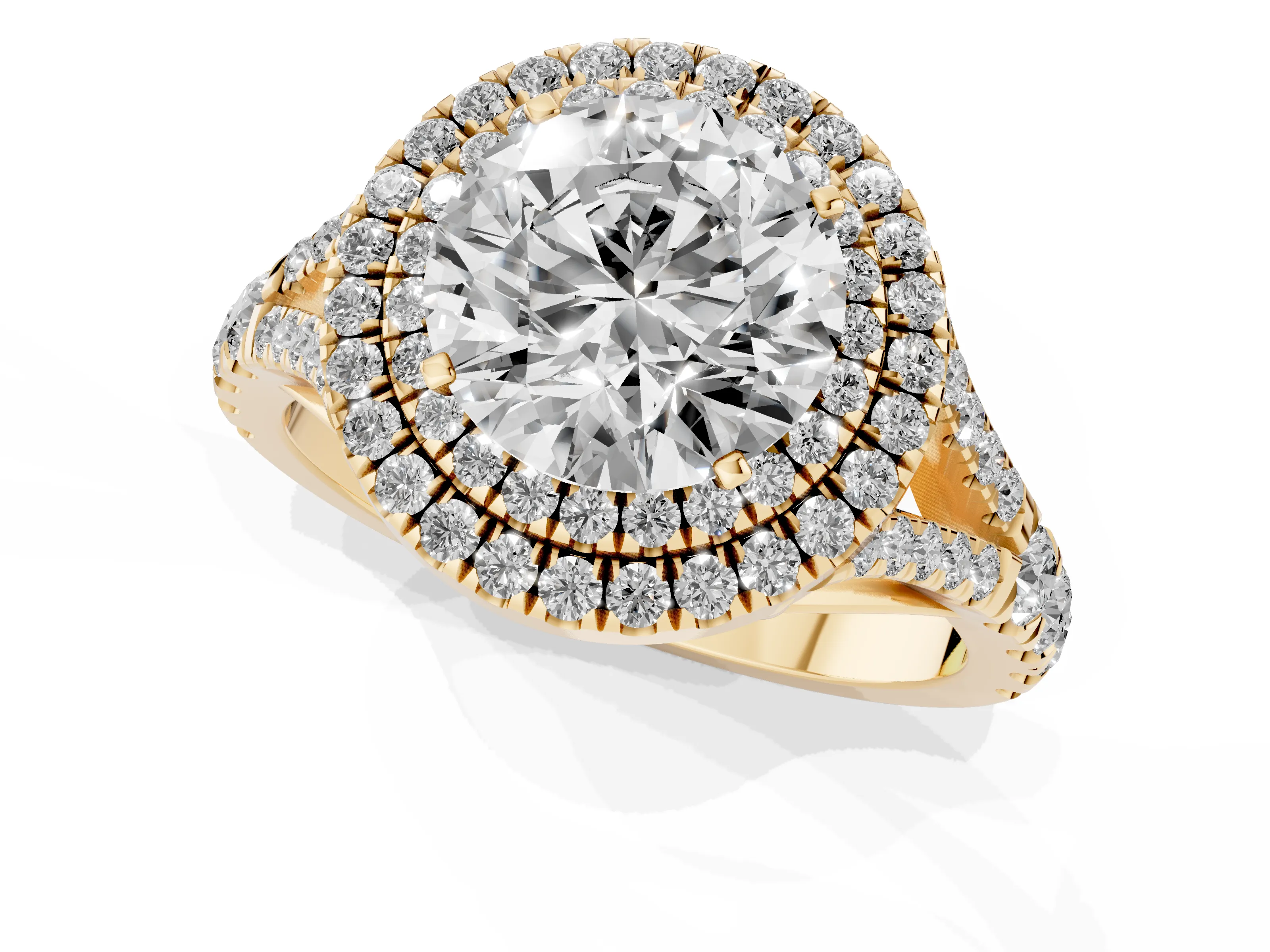 Round Cut Diamond Pavé Split Shank Double Halo Engagement Ring Set in Yellow gold