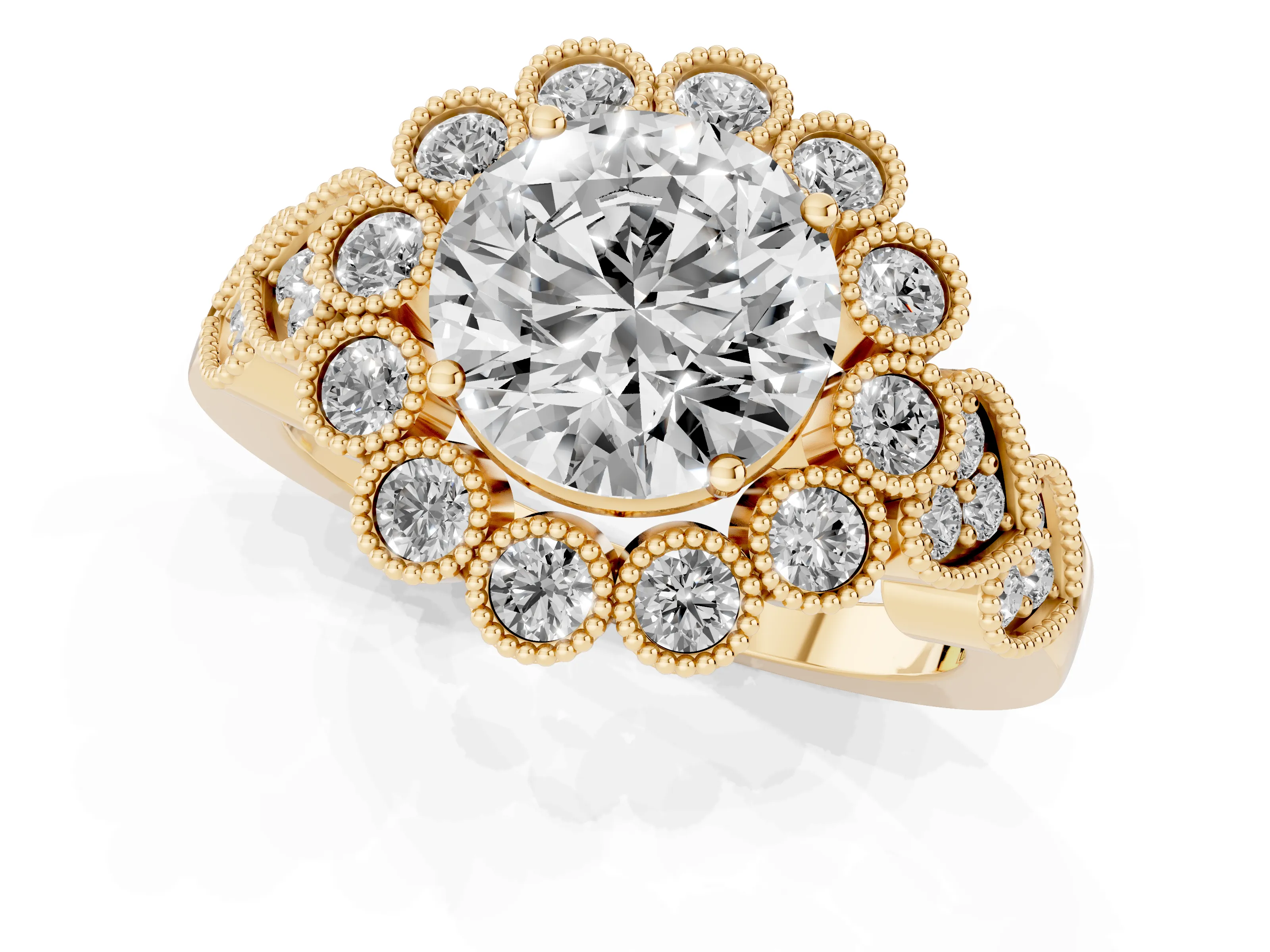 Round Cut Diamond Solitaire Ring Set in Yellow gold with Milgrain Pavé Heart Band