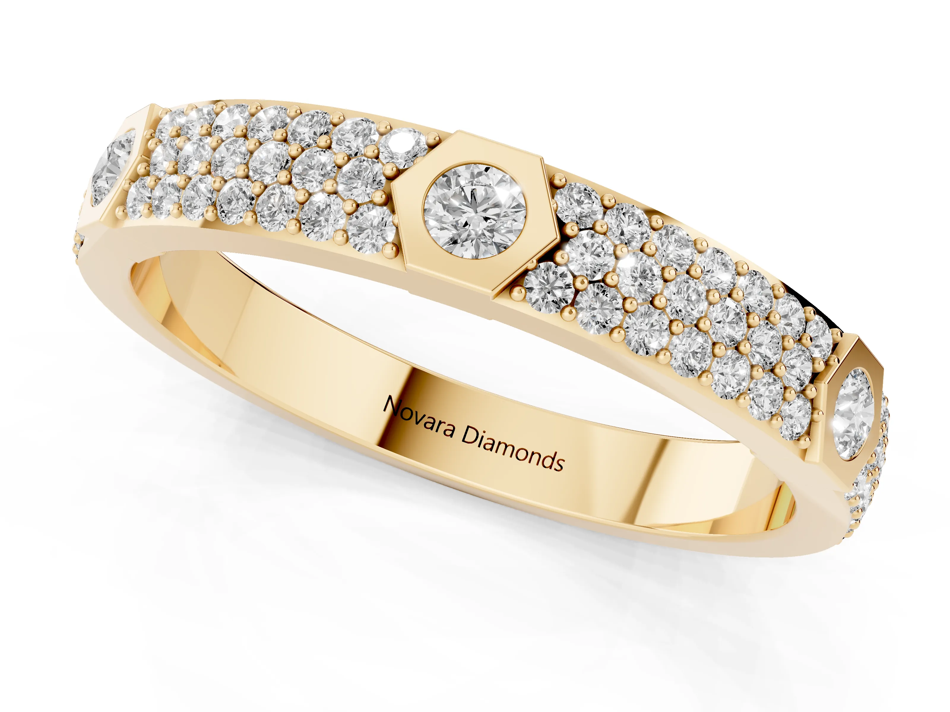 Round Diamond Pavé Promise Ring Set in Yellow gold with Round Accent Stations
