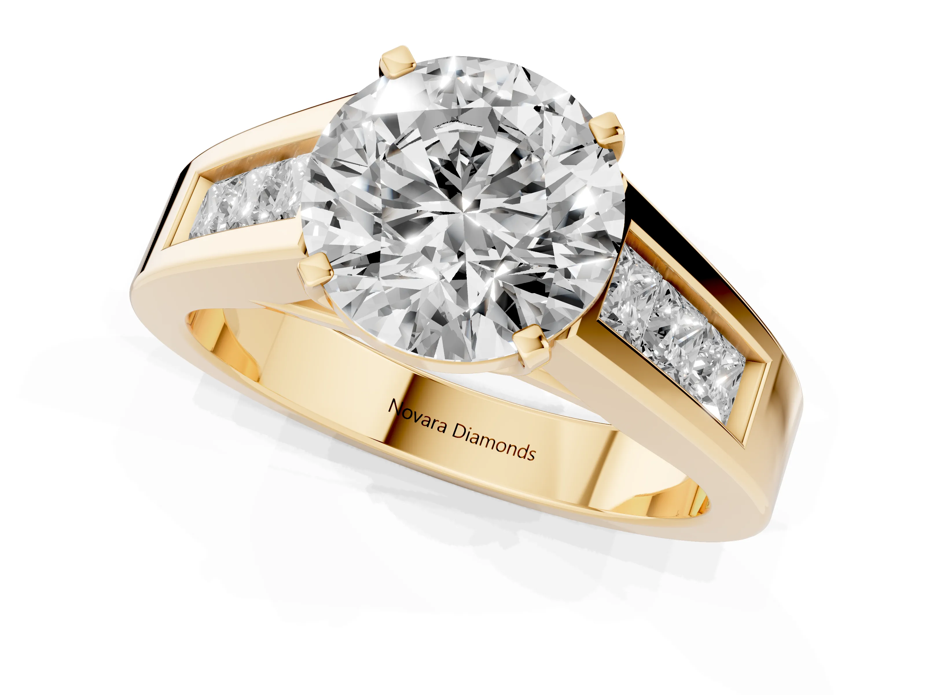 Round Cut Diamond Solitaire Ring Set in Yellow gold with Channel-Set Accent Stones and Prong Setting