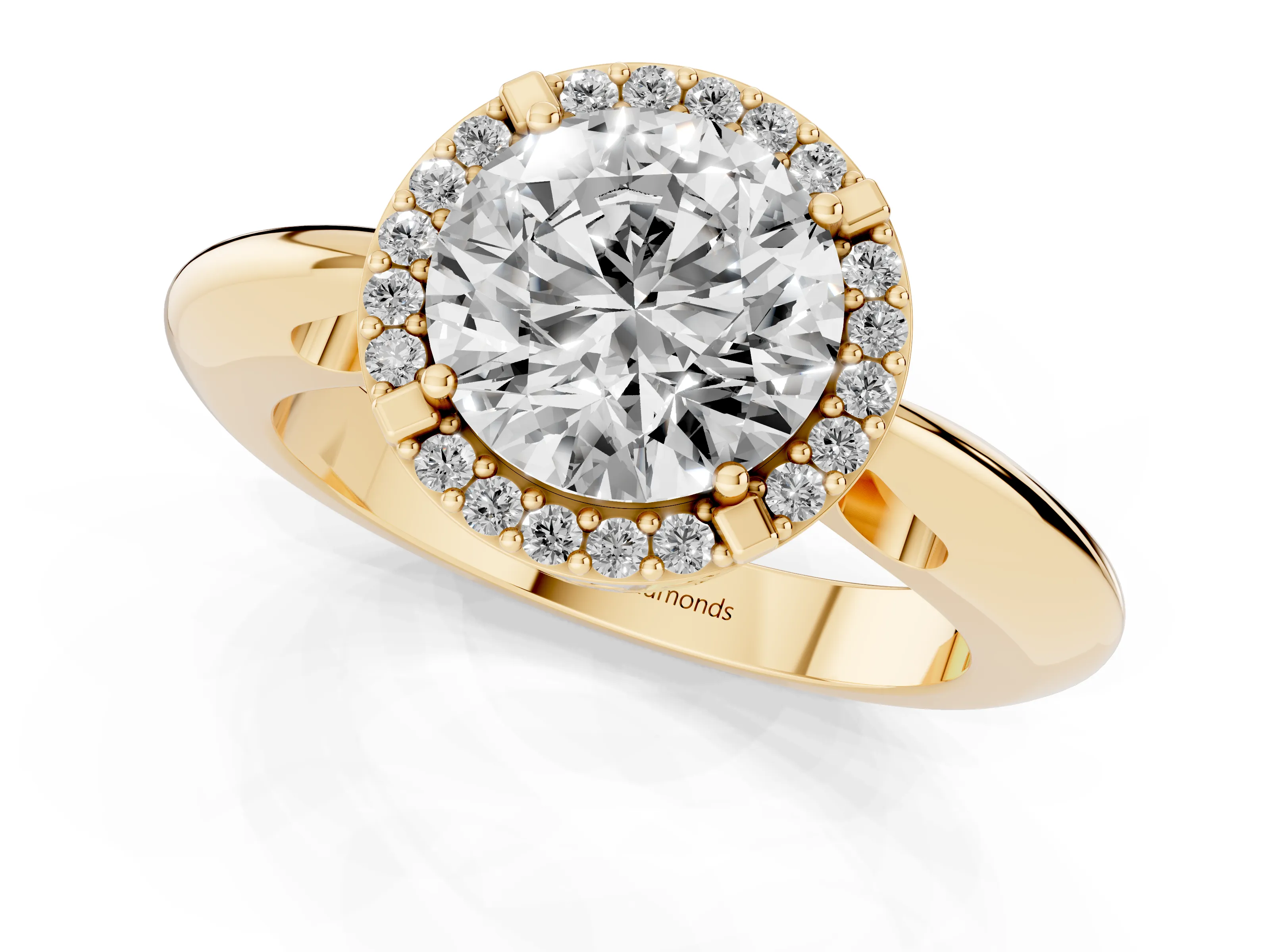 Round Cut Diamond Halo Engagement Ring Set in Yellow gold with Plain Split Shank and Prong Setting