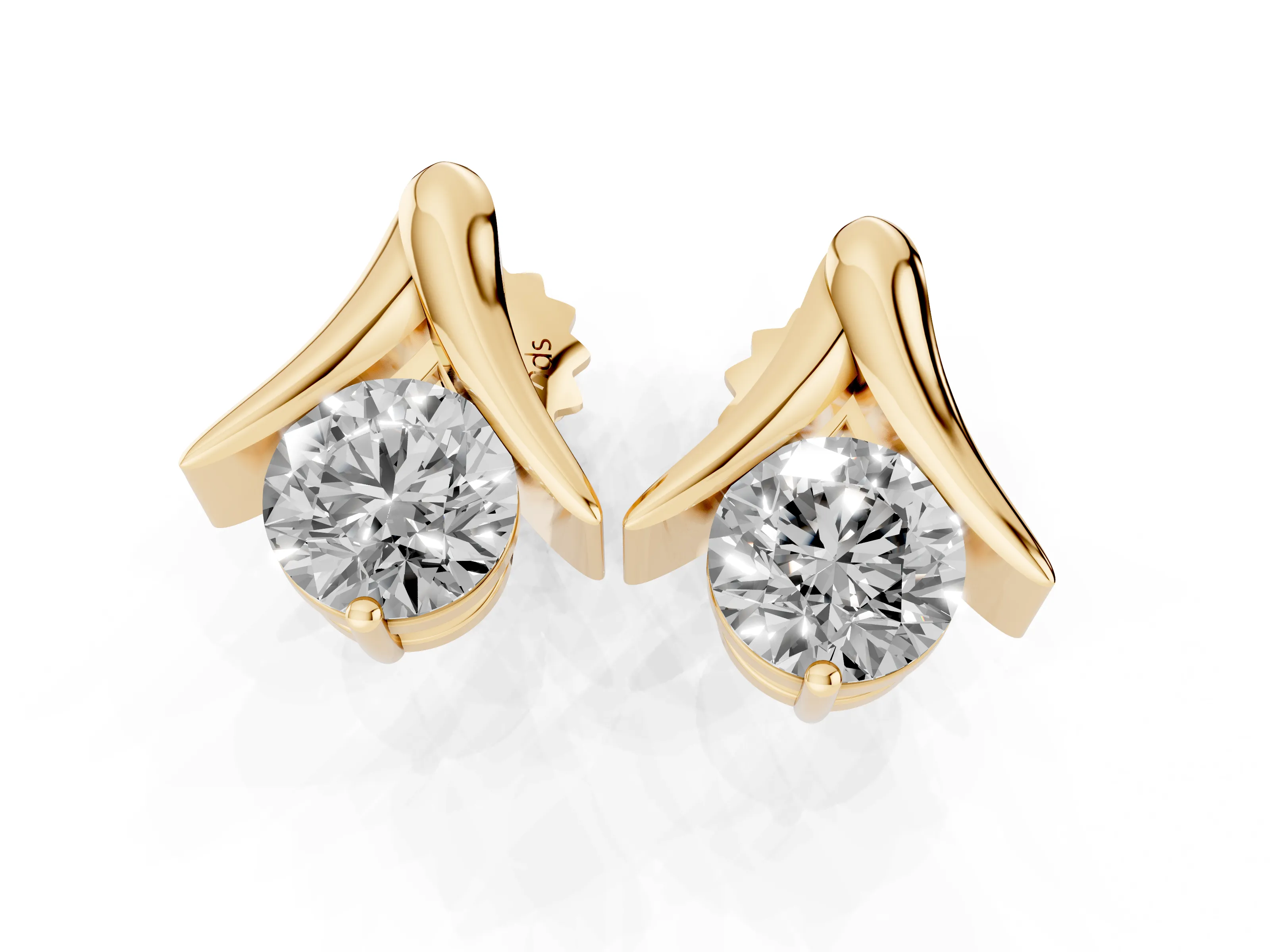 Round Diamond Inverted V Stud Earrings Set in Yellow gold