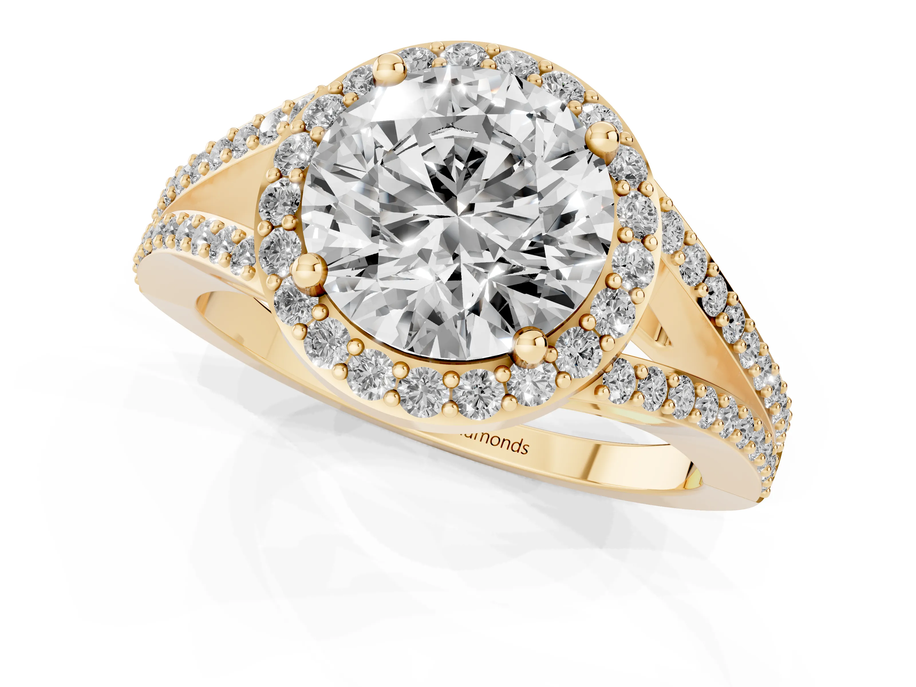 Round Cut Diamond Halo Split Shank Pavé Ring Set in Yellow gold with Prong Setting