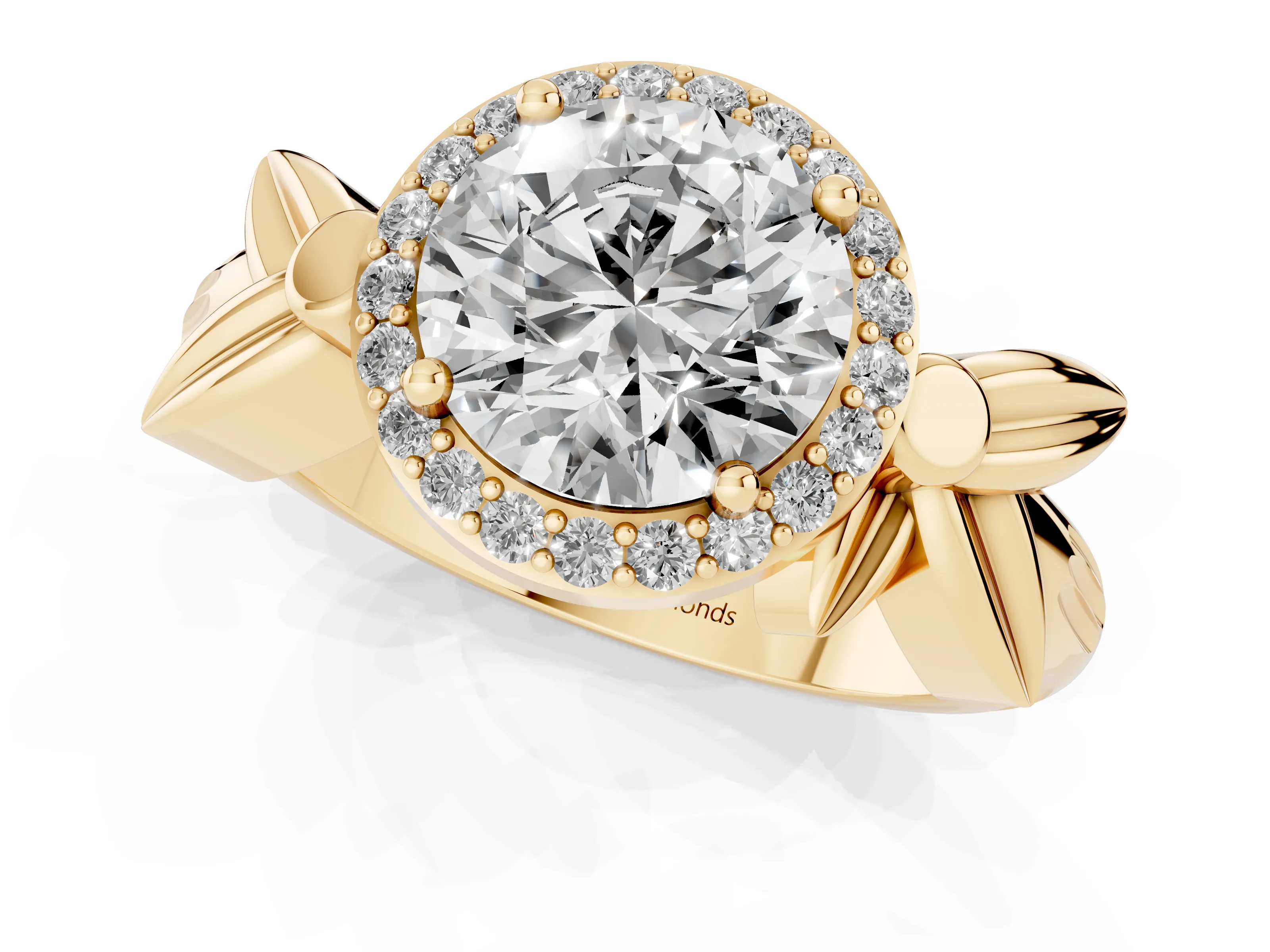 Round Cut Diamond Halo Floral Band Ring Set in Yellow gold with Prong Setting