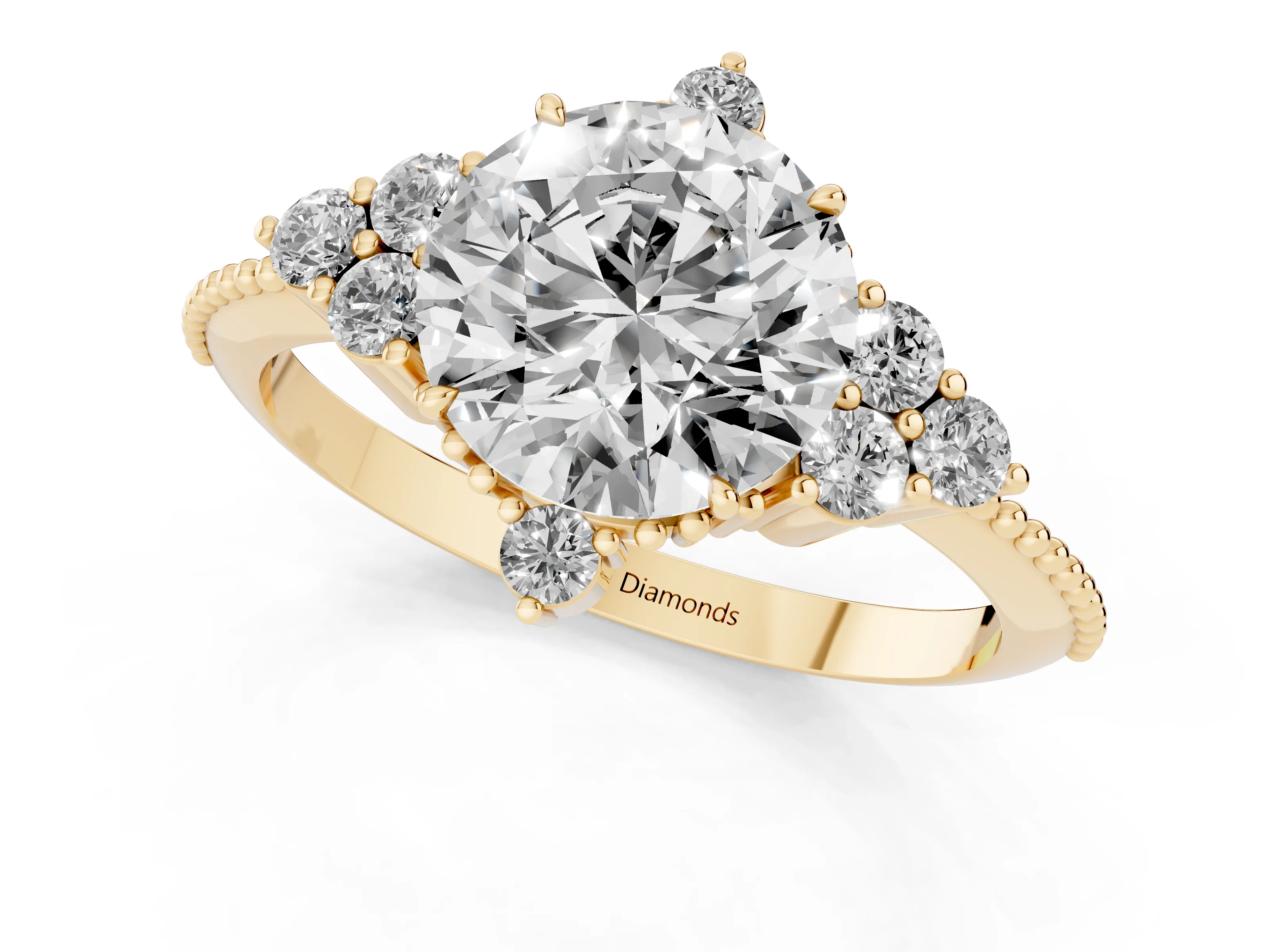 Round Cut Diamond Cluster Ring Set in Yellow gold with Beaded Band