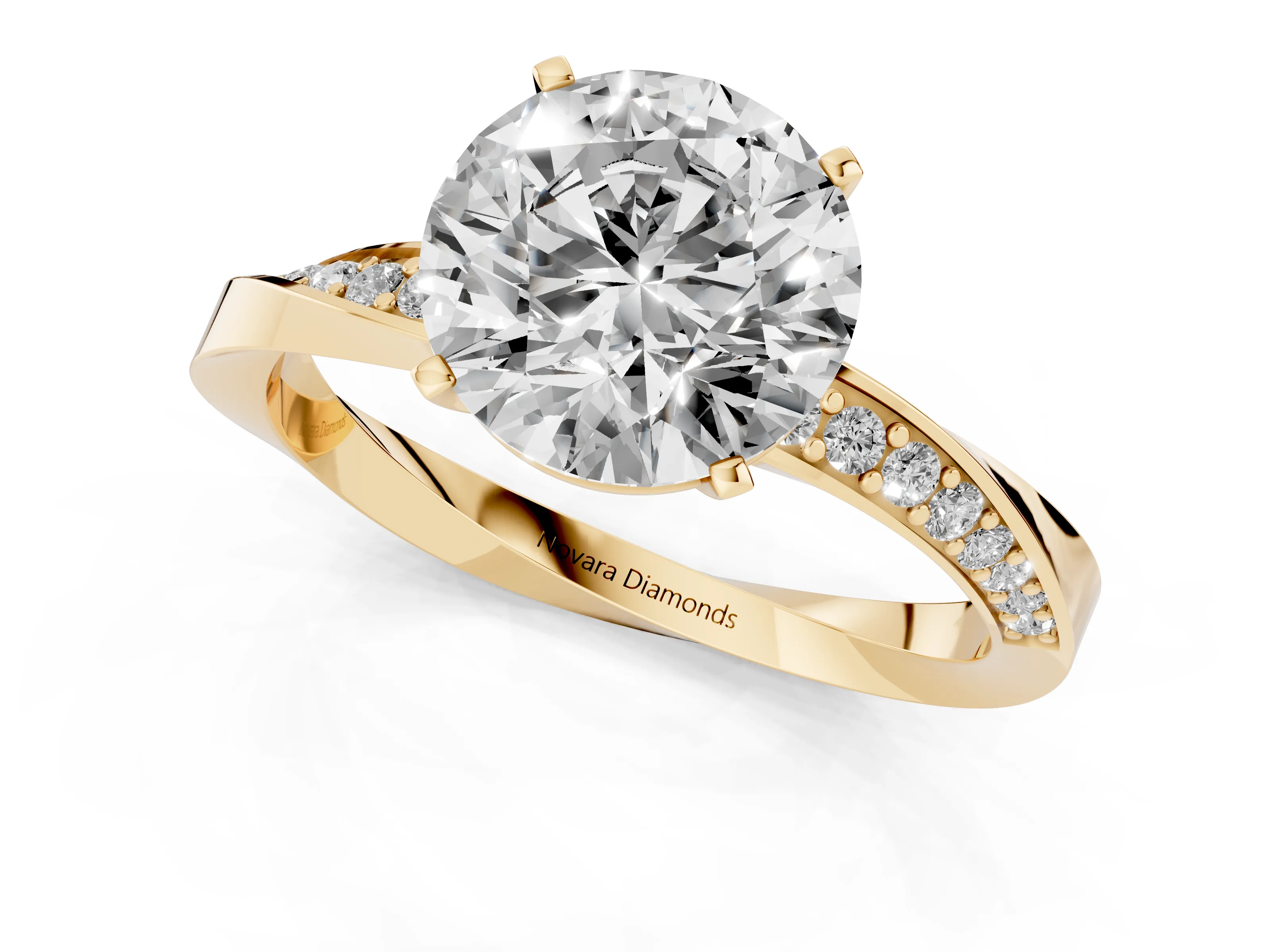 Round Cut Diamond Engagement Ring Set in Yellow gold with Side Stone Accents and Prong Setting