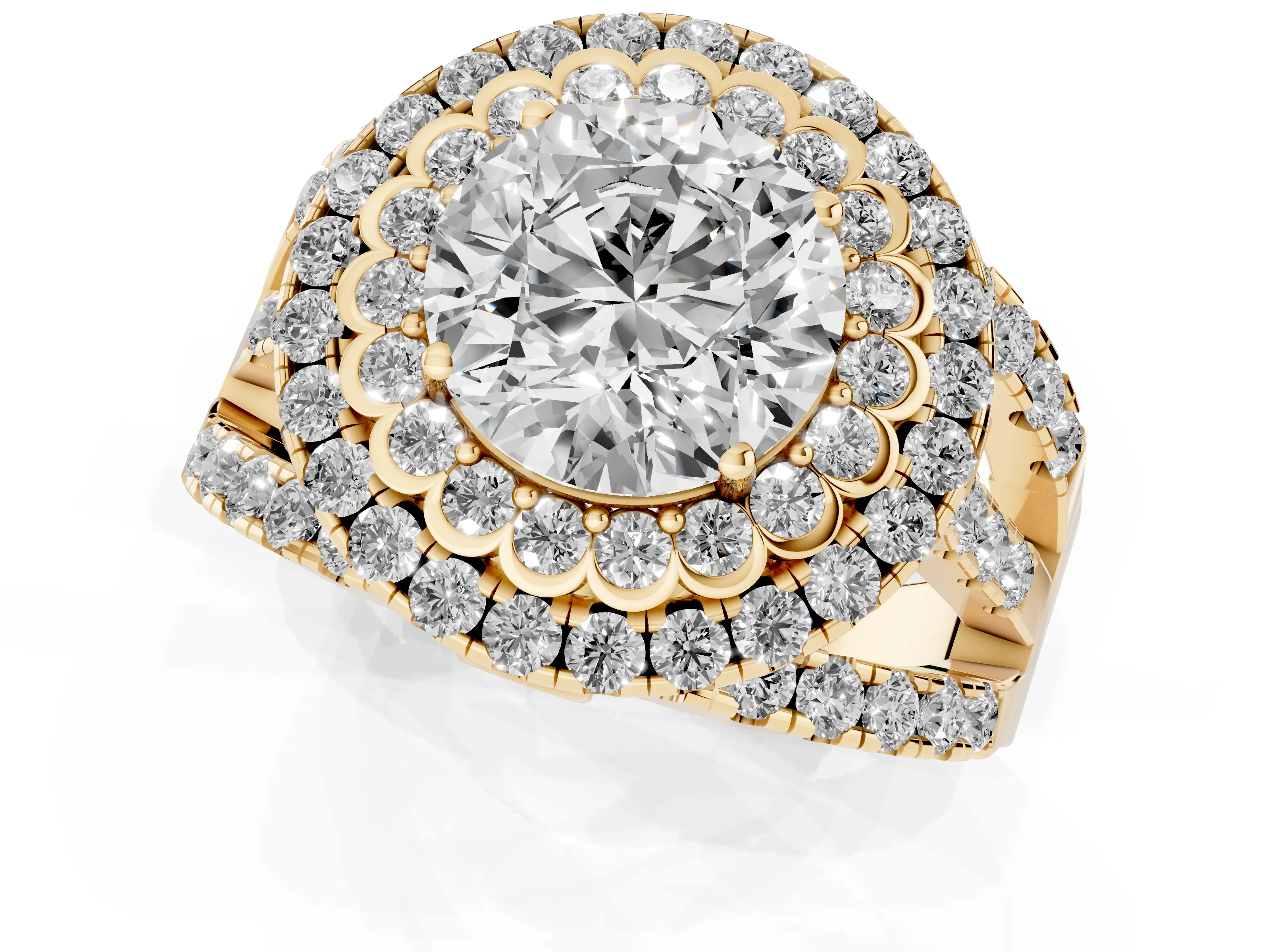 Round Cut Diamond Double Halo Ring Set in Yellow gold with Round Pavé Split Shank