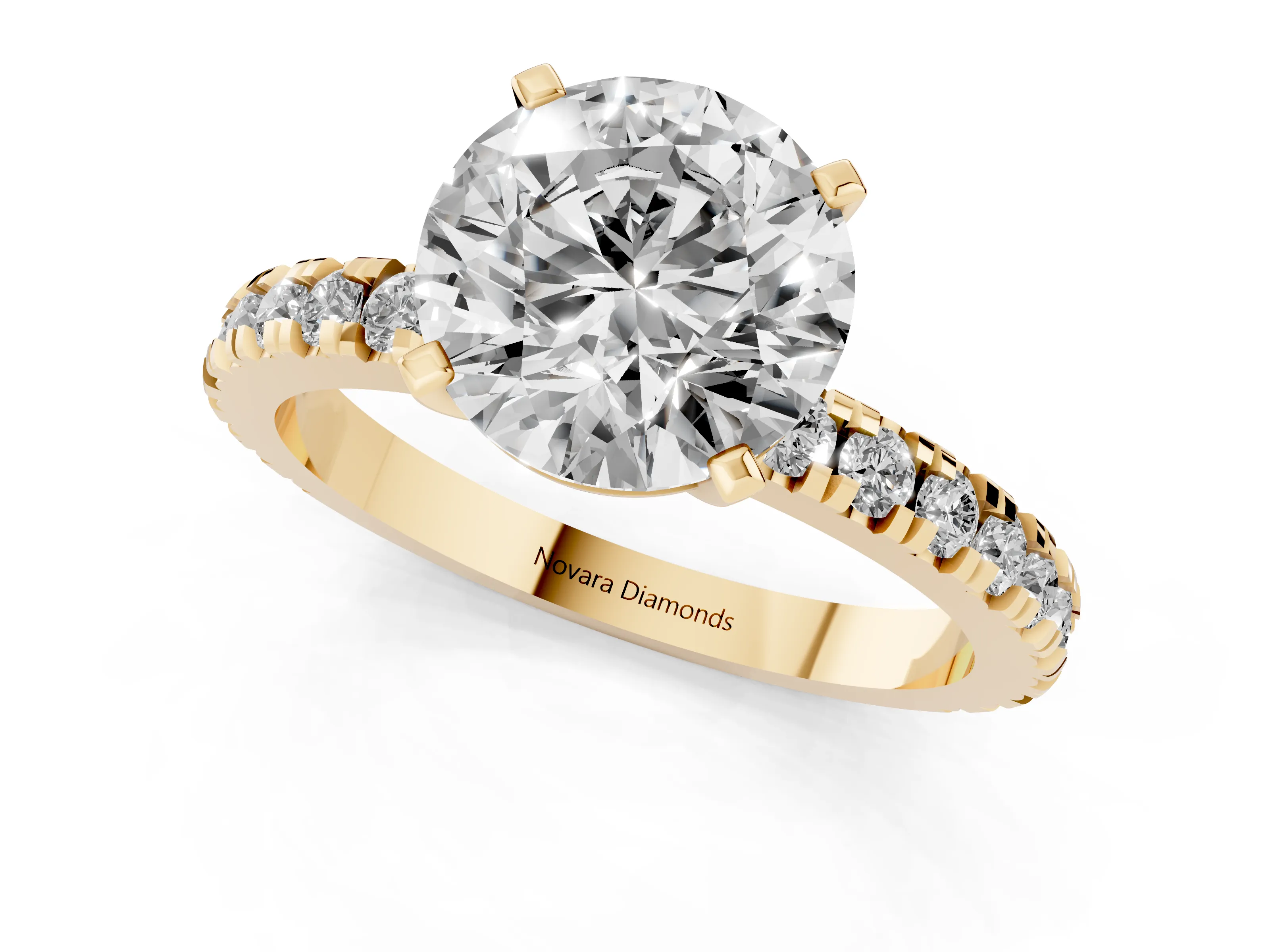 Round Cut Diamond Pavé Band Solitaire Set in Yellow gold with Prong Setting – second view