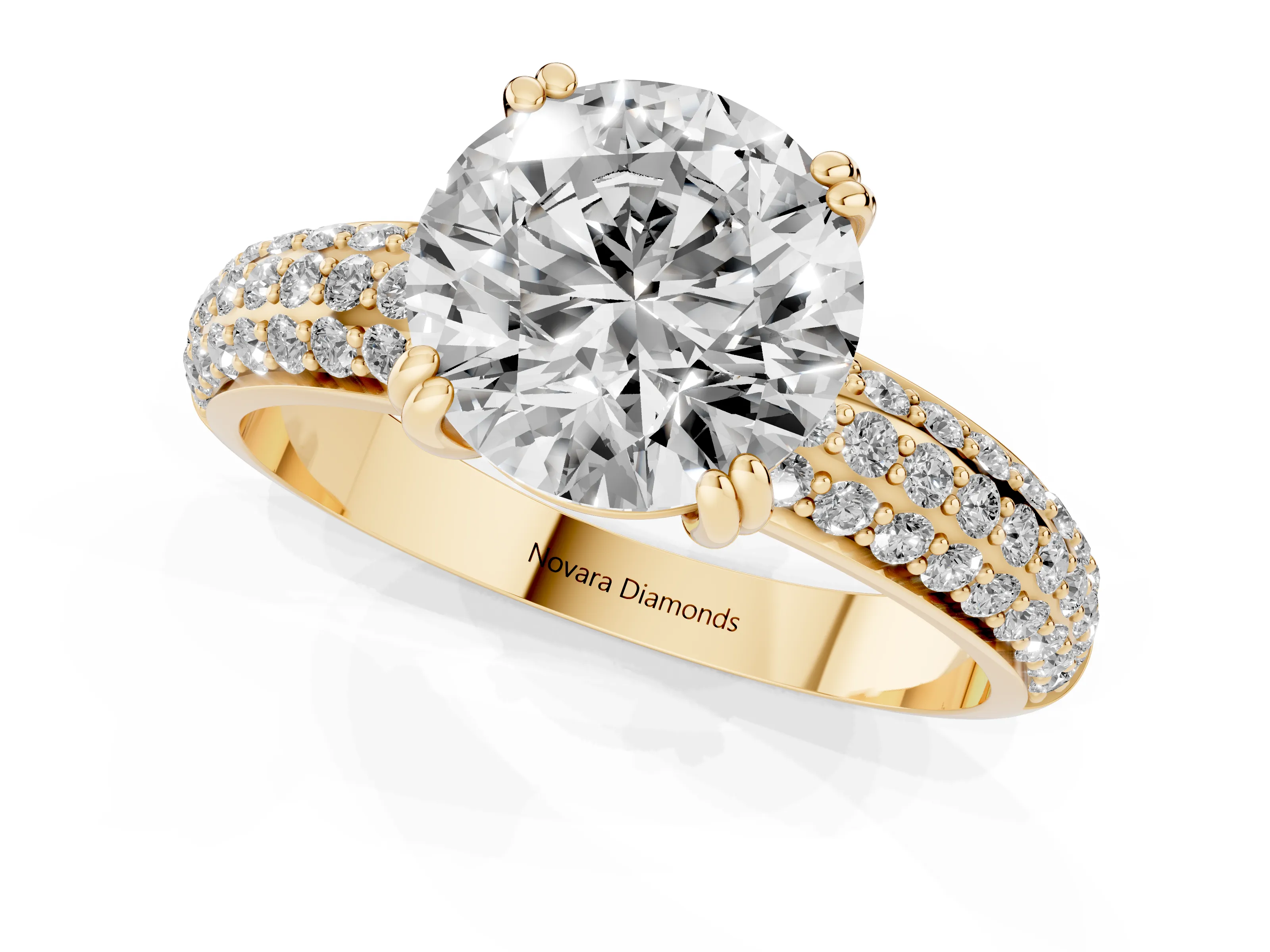 Round Cut Diamond Solitaire Ring Set in Yellow gold with Multi-Row Round Pavé Band and Prong Setting