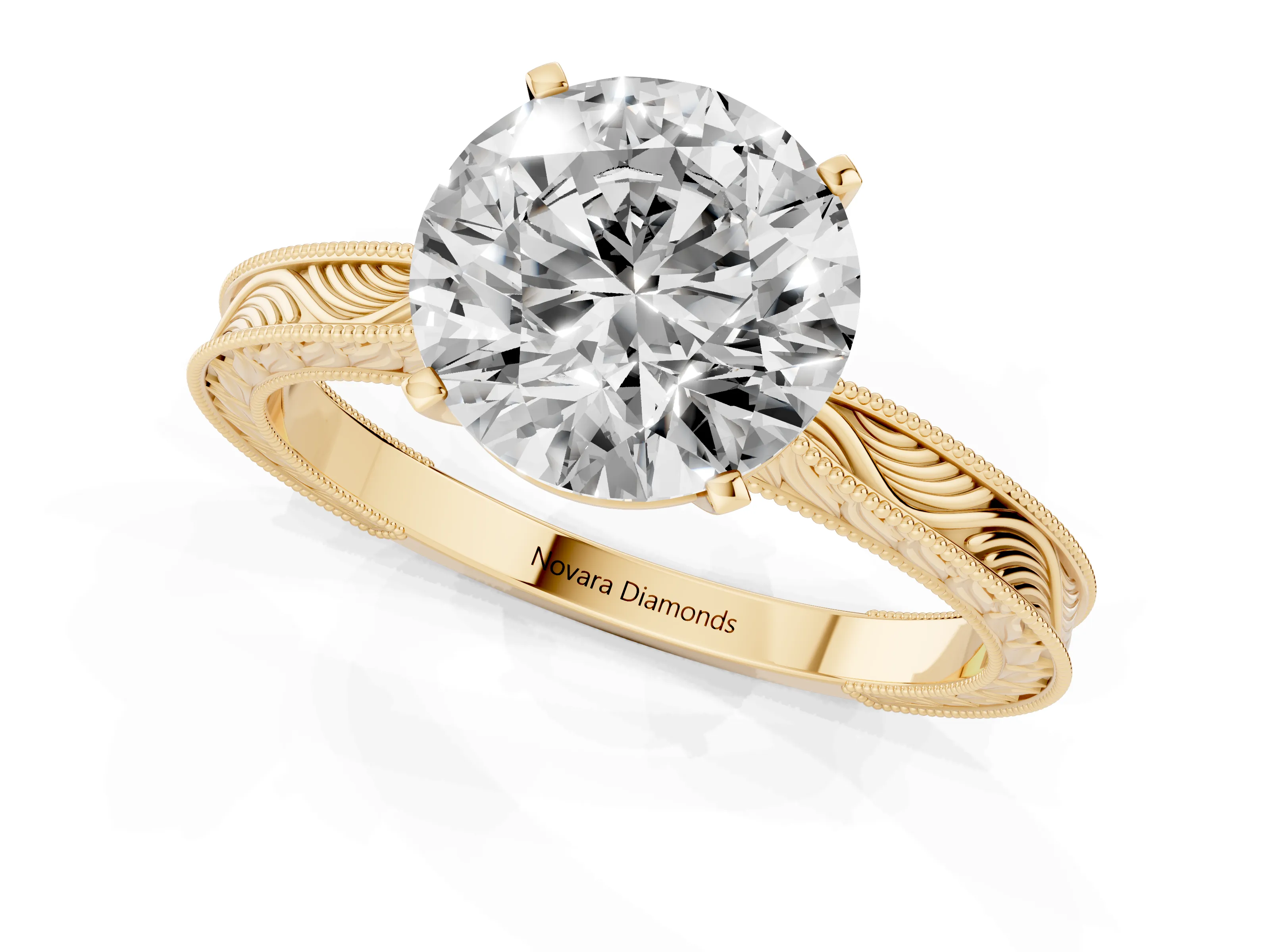 Round Cut Diamond Solitaire Milgrain Engraved Band Set in Yellow gold with Prong Setting