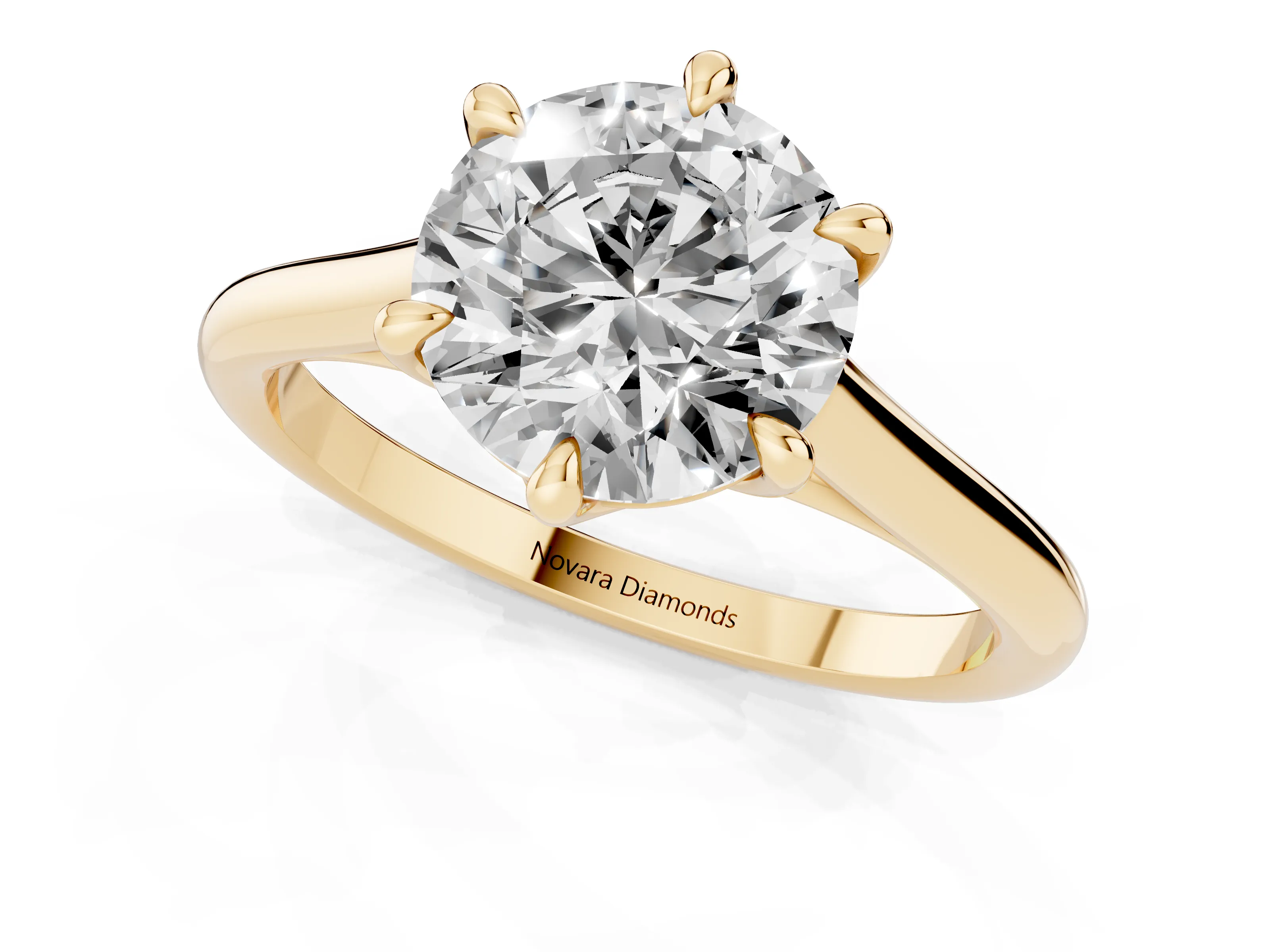 Round Cut Diamond Solitaire Engagement Ring Set in Yellow gold with Prong Setting and Plain Classic Band