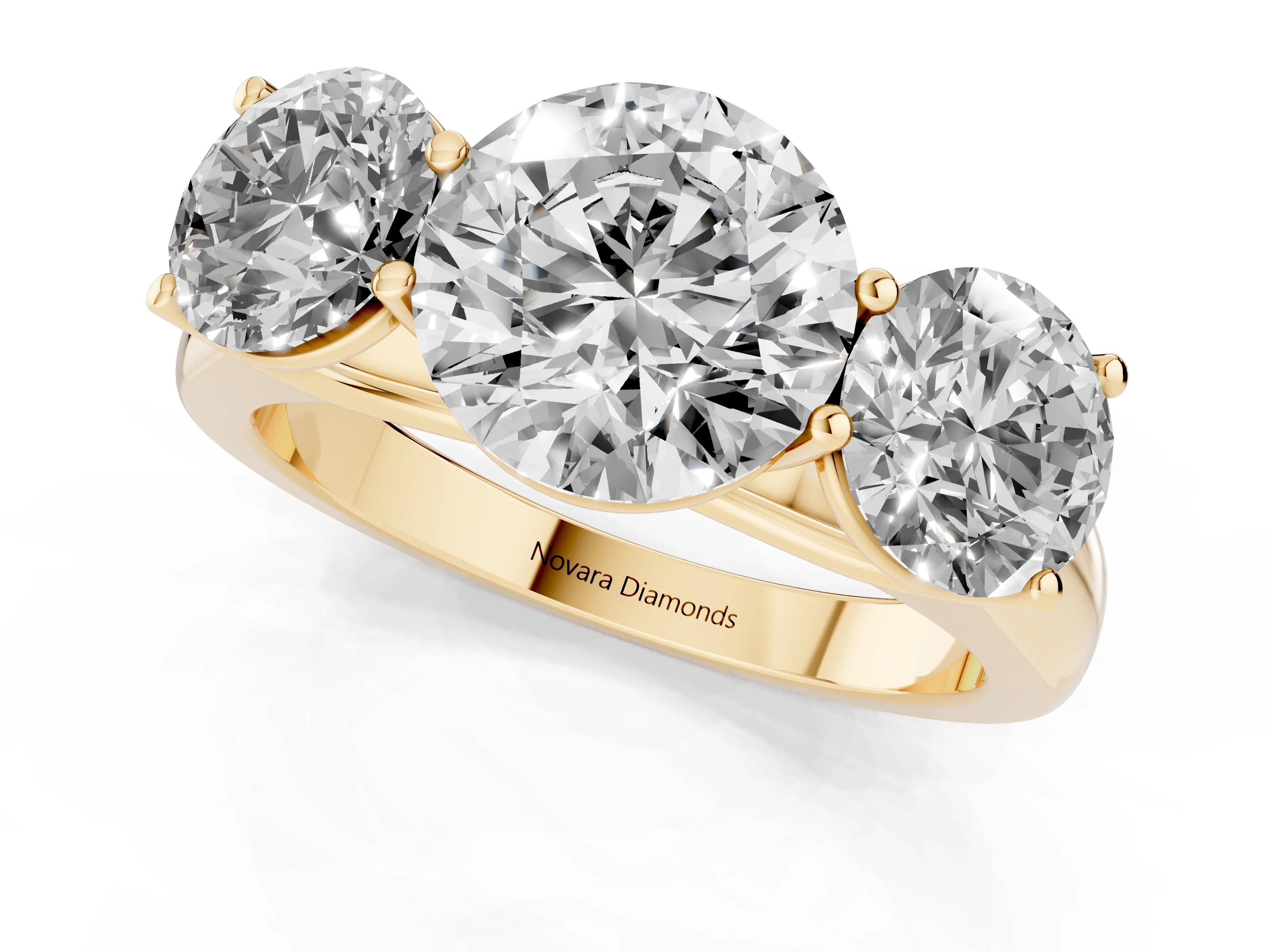 Round Cut Diamond Three-Stone Ring Set in Yellow gold with Plain Polished Band