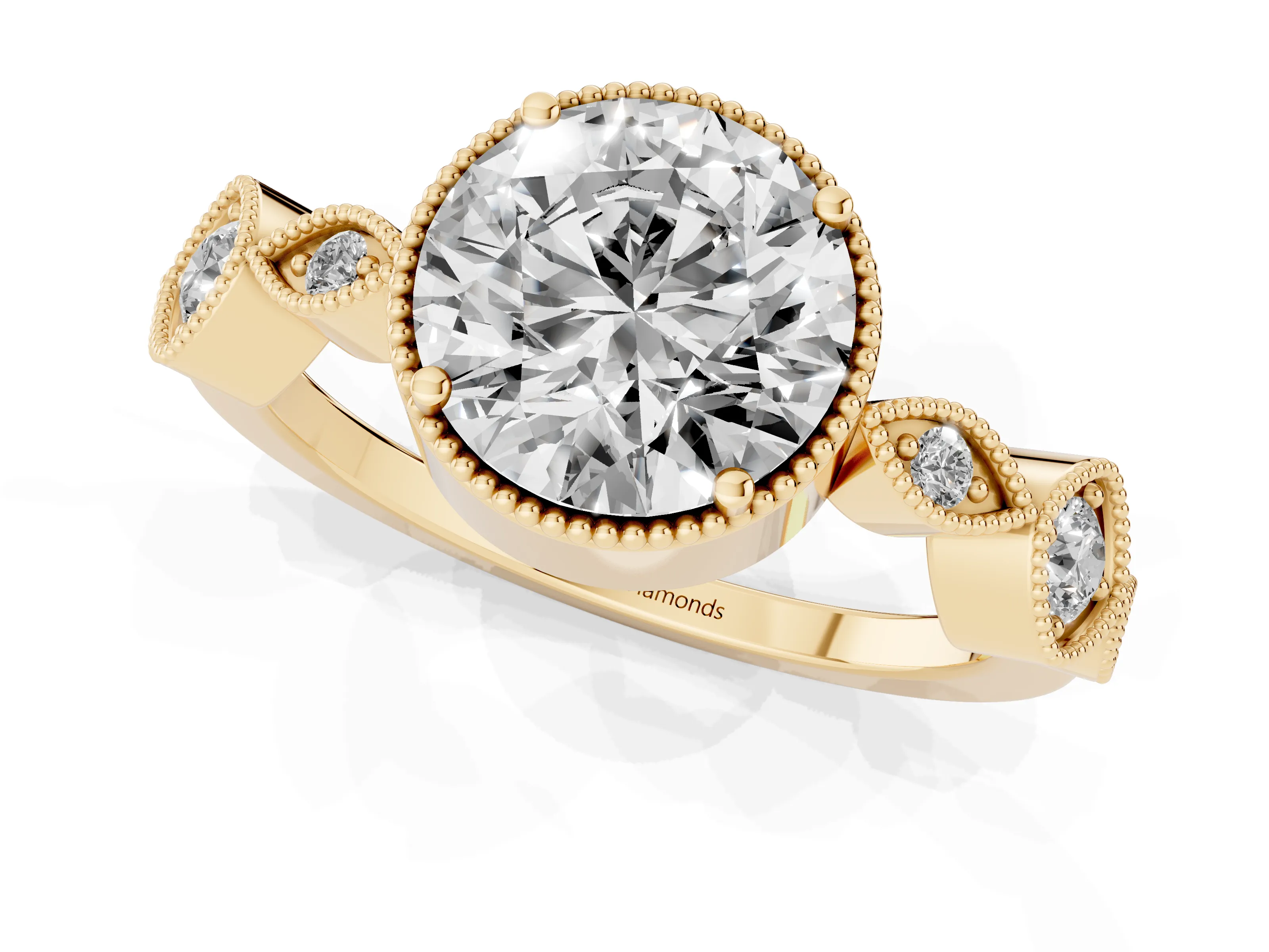 Round Cut Diamond Vintage-Inspired Milgrain Ring Set in Yellow gold with Marquise Stations of Round Accents