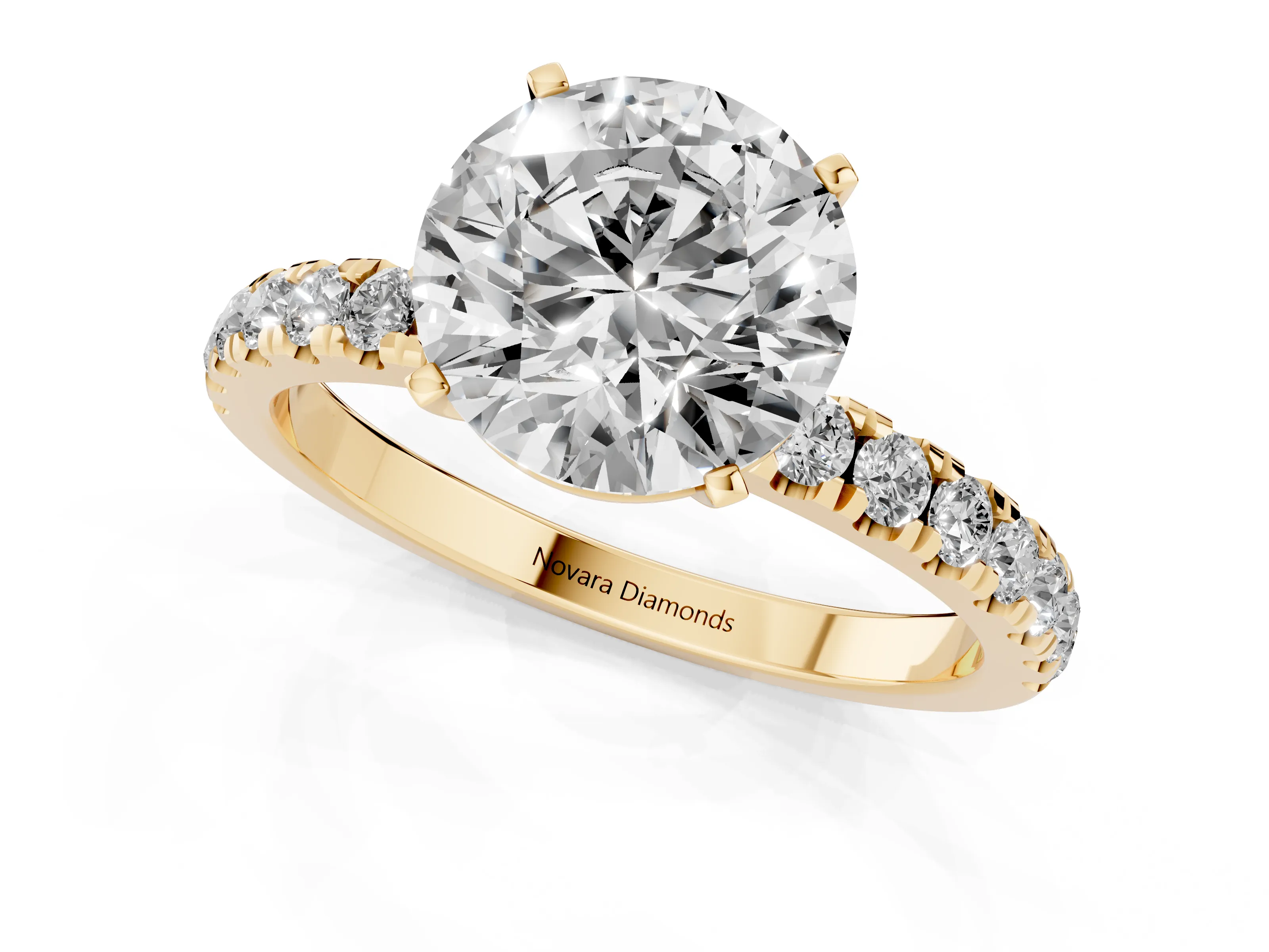 Round Cut Diamond Solitaire Ring Set in Yellow gold with Pavé Accents and Prong Setting – second view