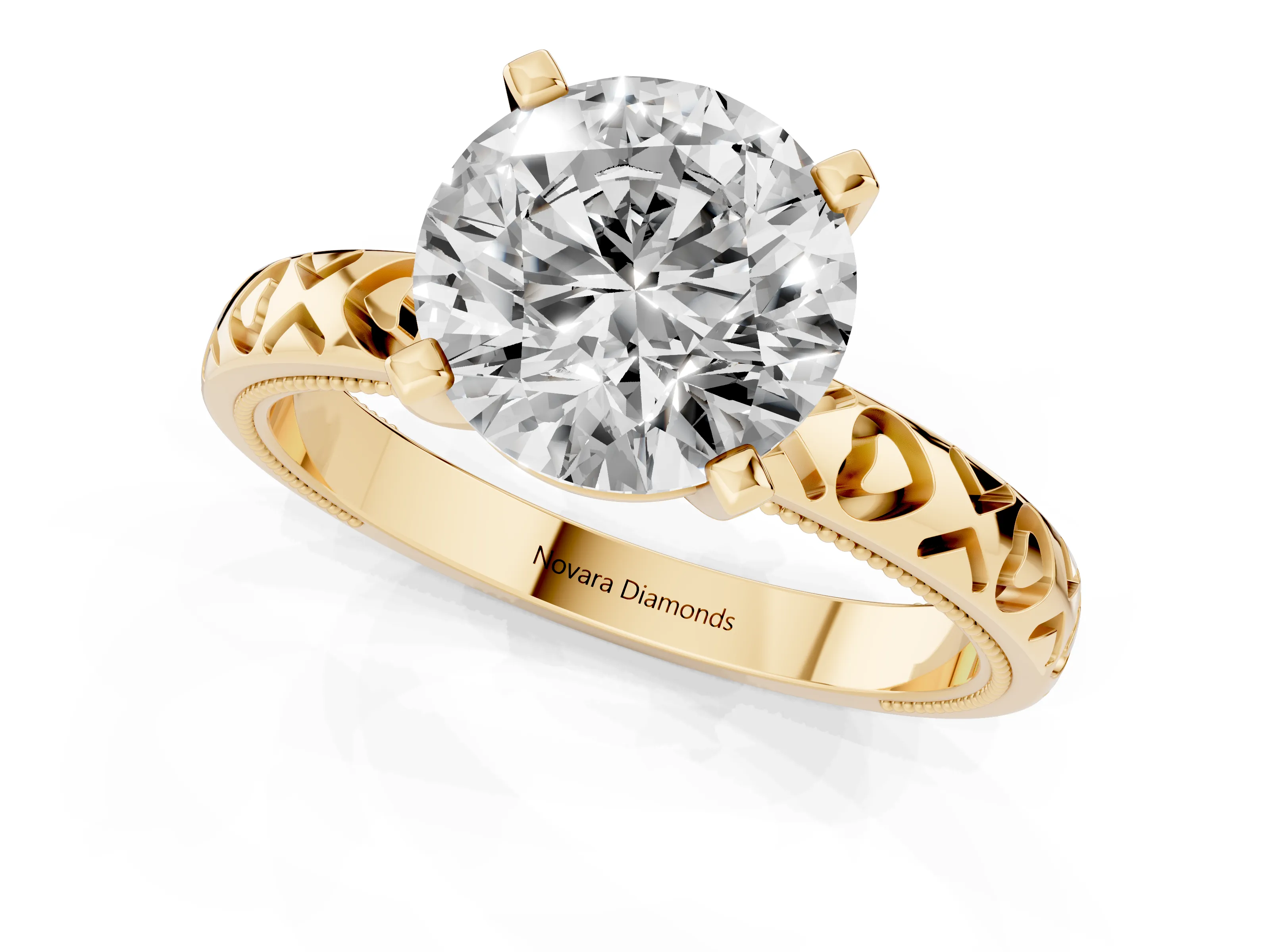 Round Cut Diamond Solitaire Engagement Ring Set in Yellow gold with XO Engraved Band and Prong Setting
