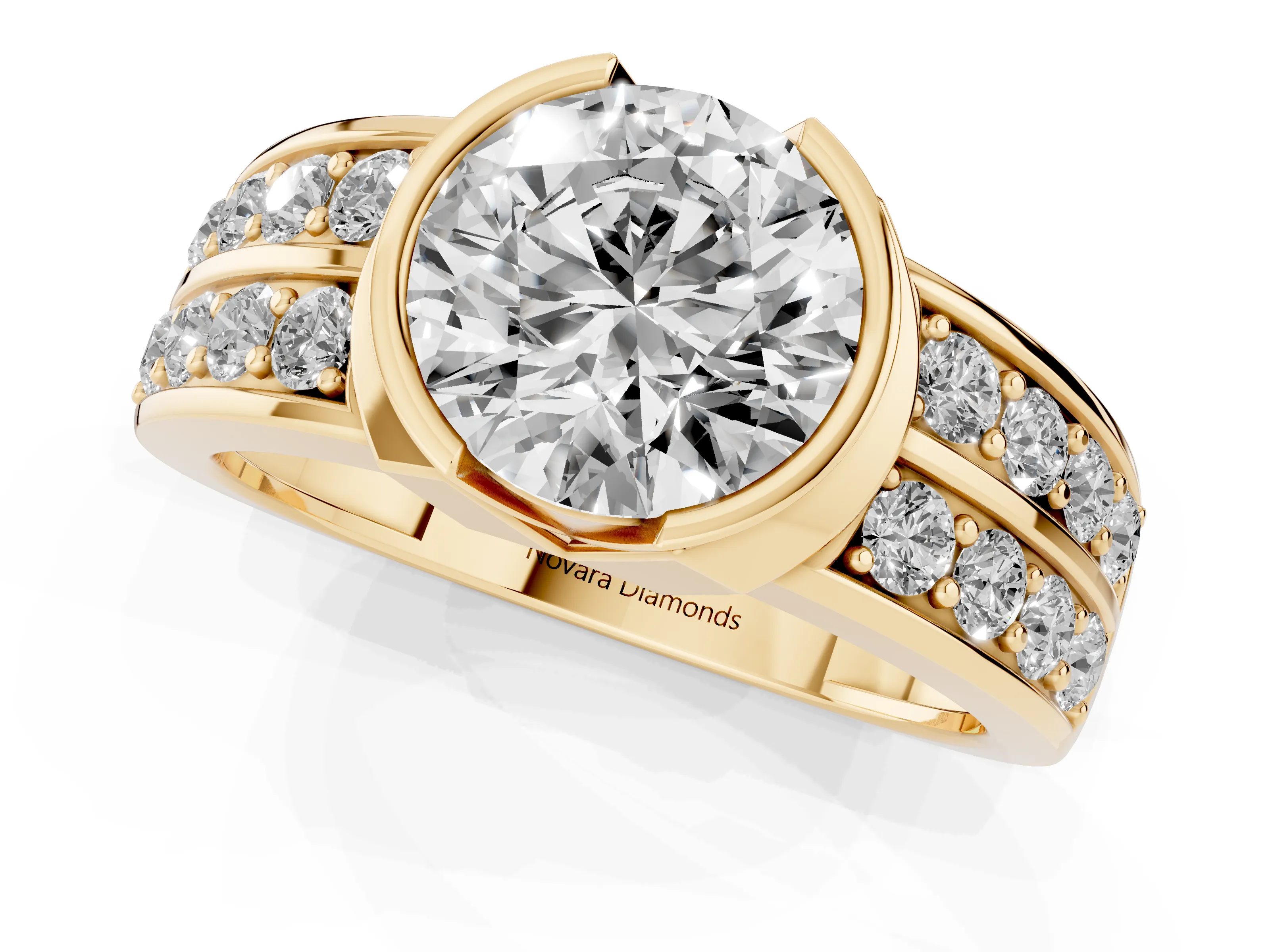 Round Cut Diamond Wide Channel Set Band Ring Set in Yellow gold with Bezel Setting