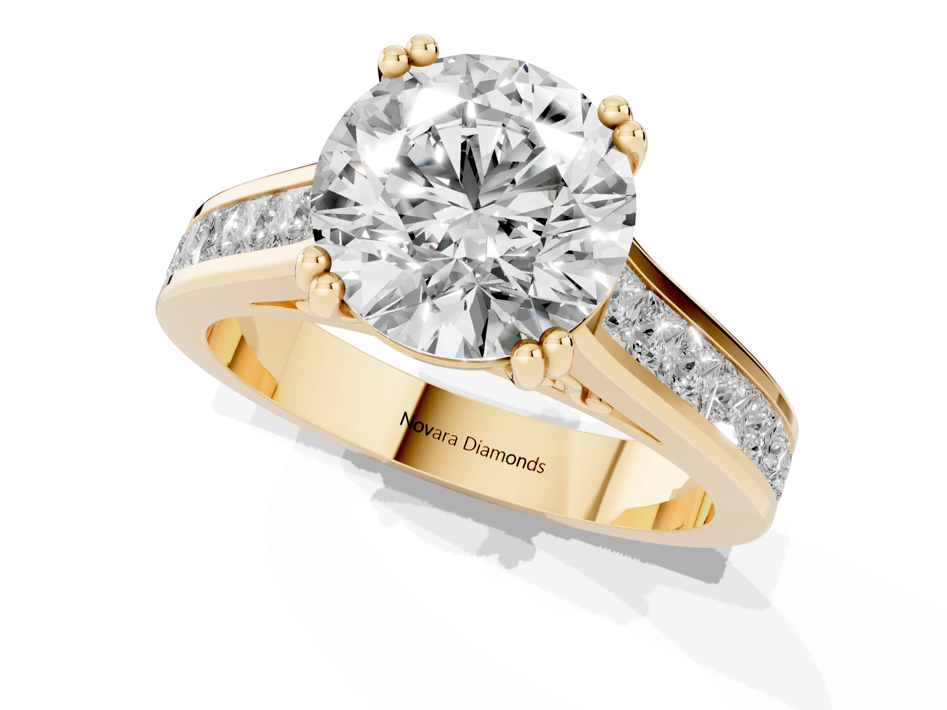 Round Cut Diamond Channel Set Solitaire Engagement Ring Set in Yellow gold with Prong Setting