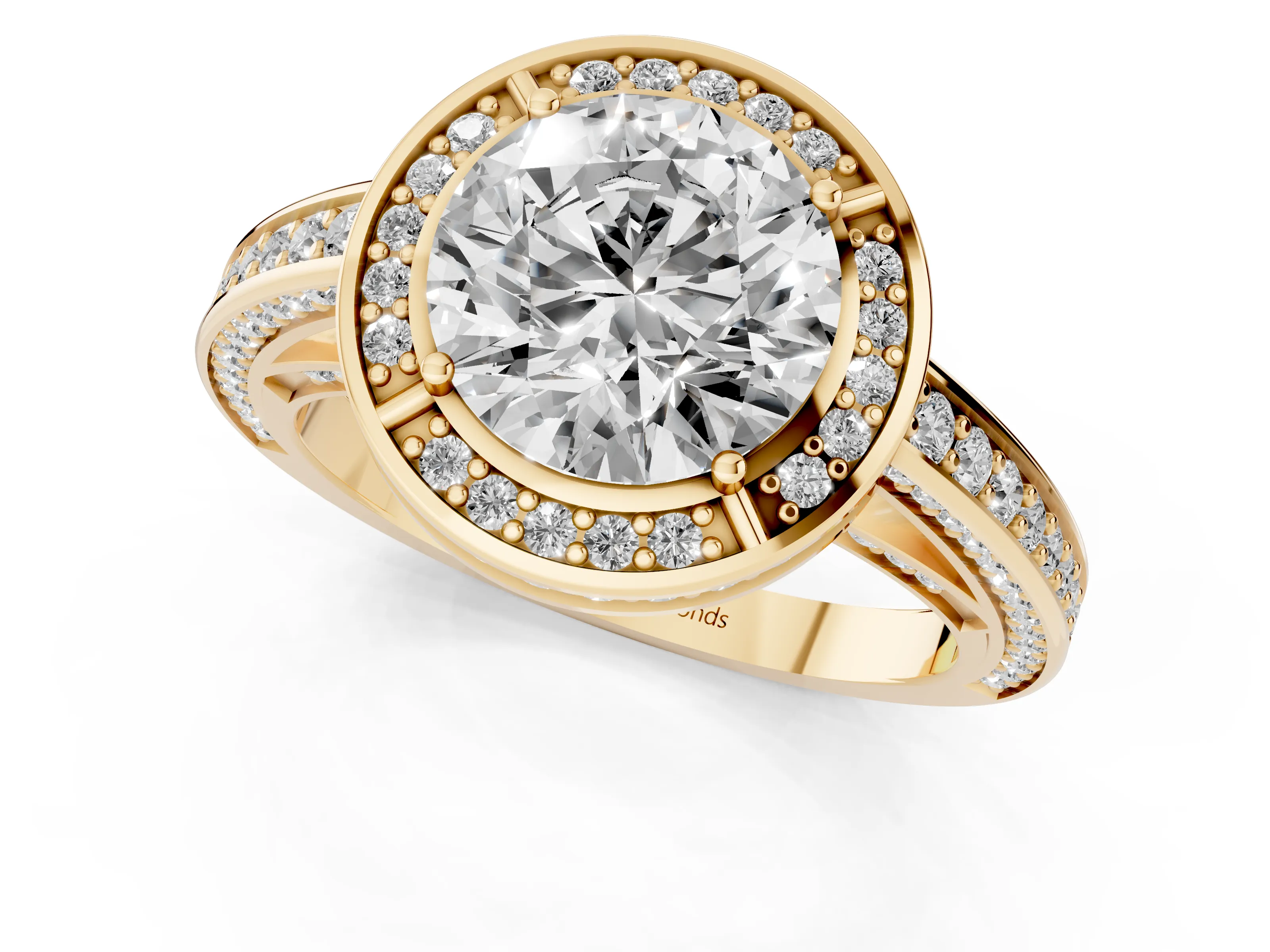Round Cut Diamond Halo Pavé Split Shank Ring Set in Yellow gold with Prong Setting