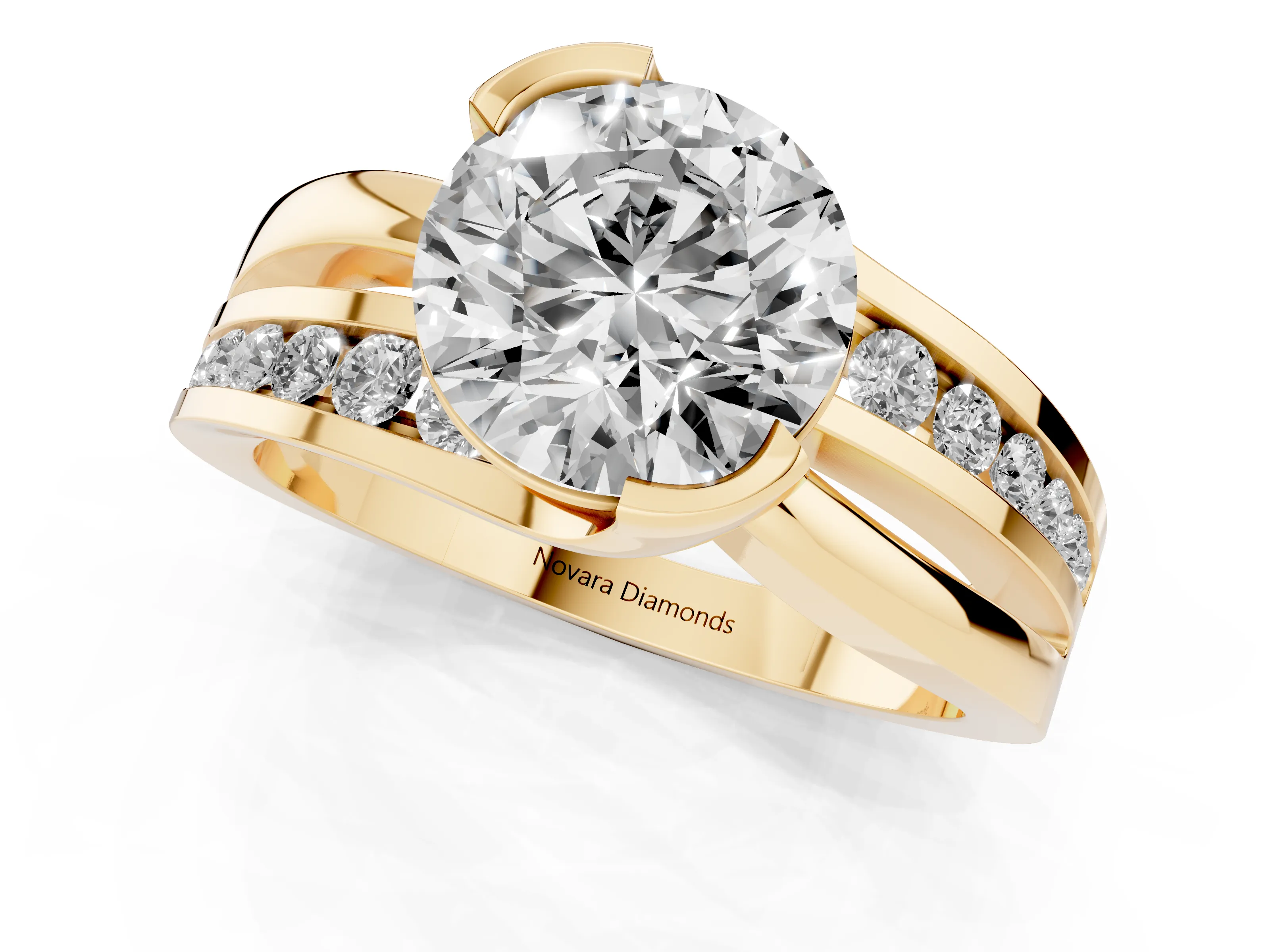 Round Cut Diamond Solitaire Ring Set in Yellow gold with Channel Set Split Shank and Tension Prongs