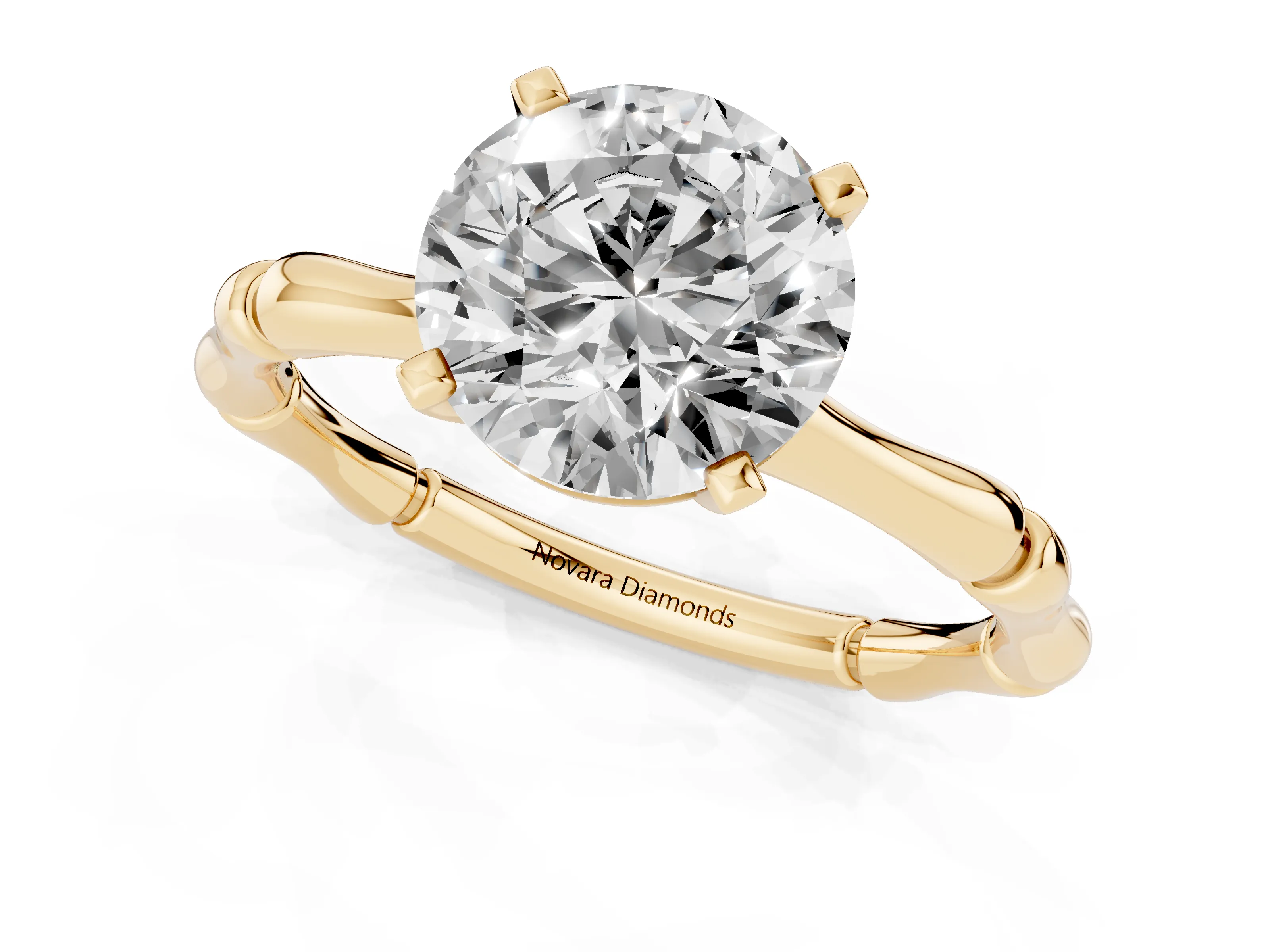 Round Cut Diamond Solitaire Ring Set in Yellow gold with Bamboo Band and Prong Setting