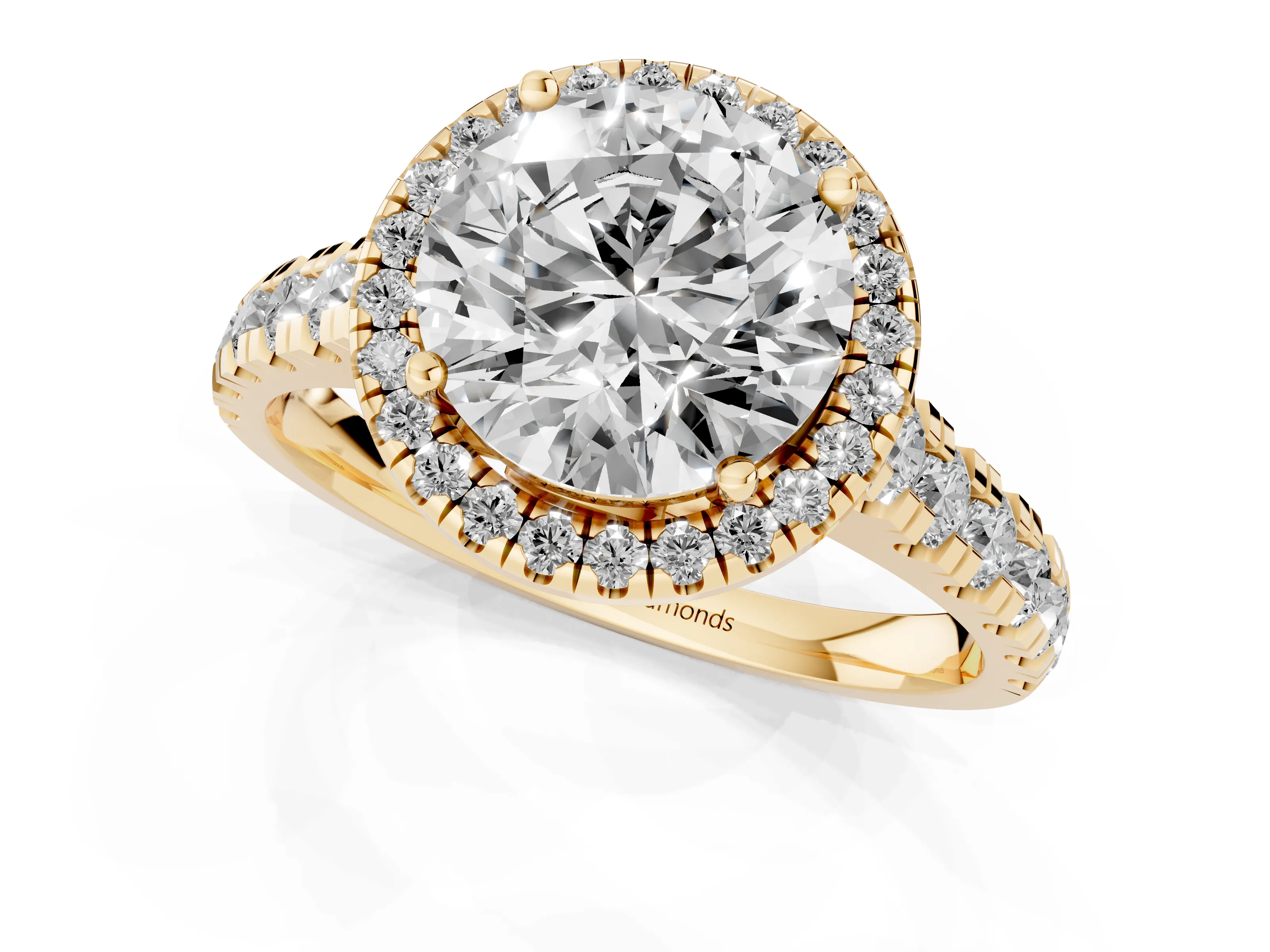 Round Cut Diamond Halo Engagement Ring Set in Yellow gold with Pavé Band and Prong-Set Center