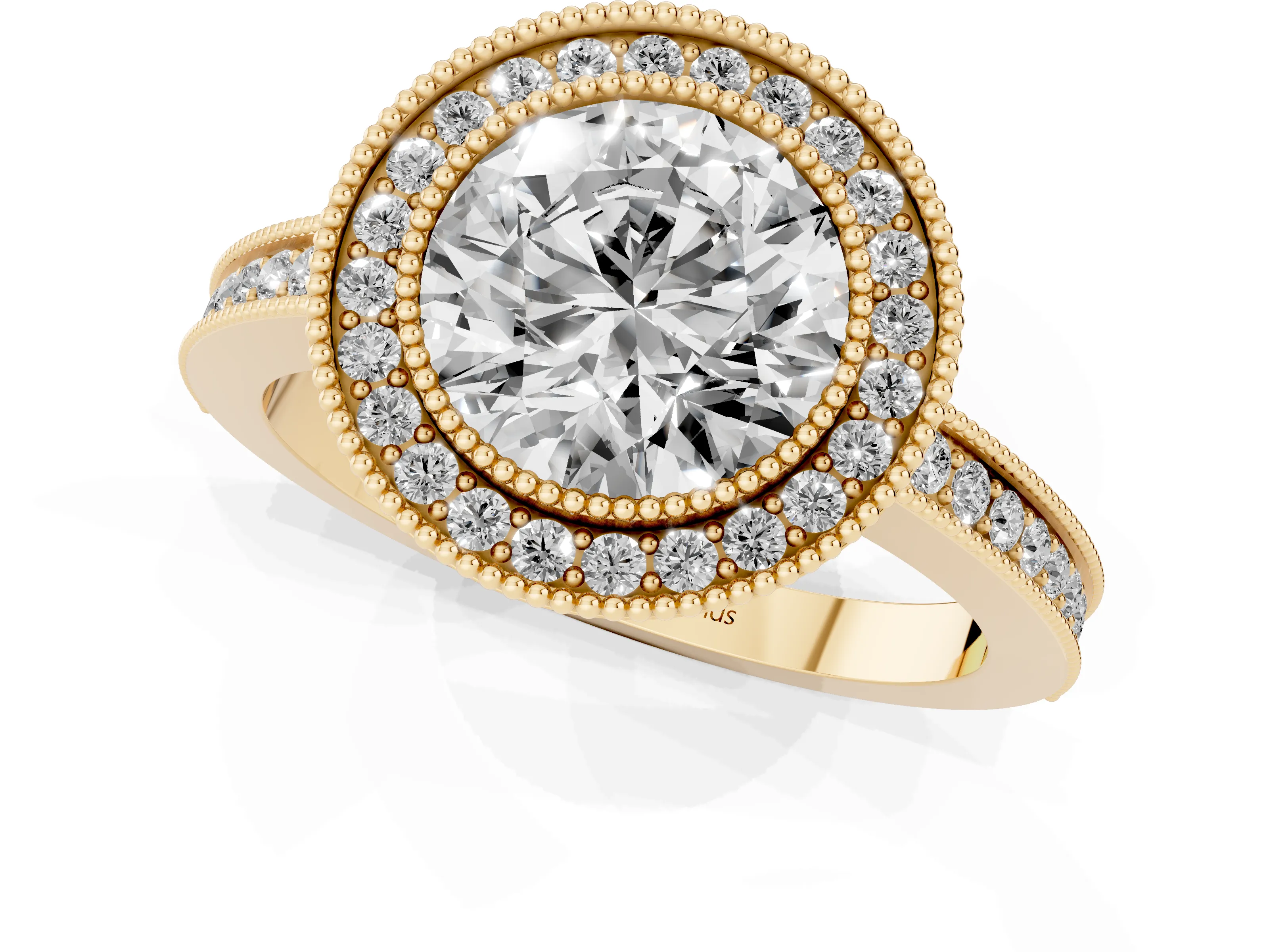 Round Cut Diamond Halo Ring Set in Yellow gold with Pavé Band and Milgrain-Edged Prongs