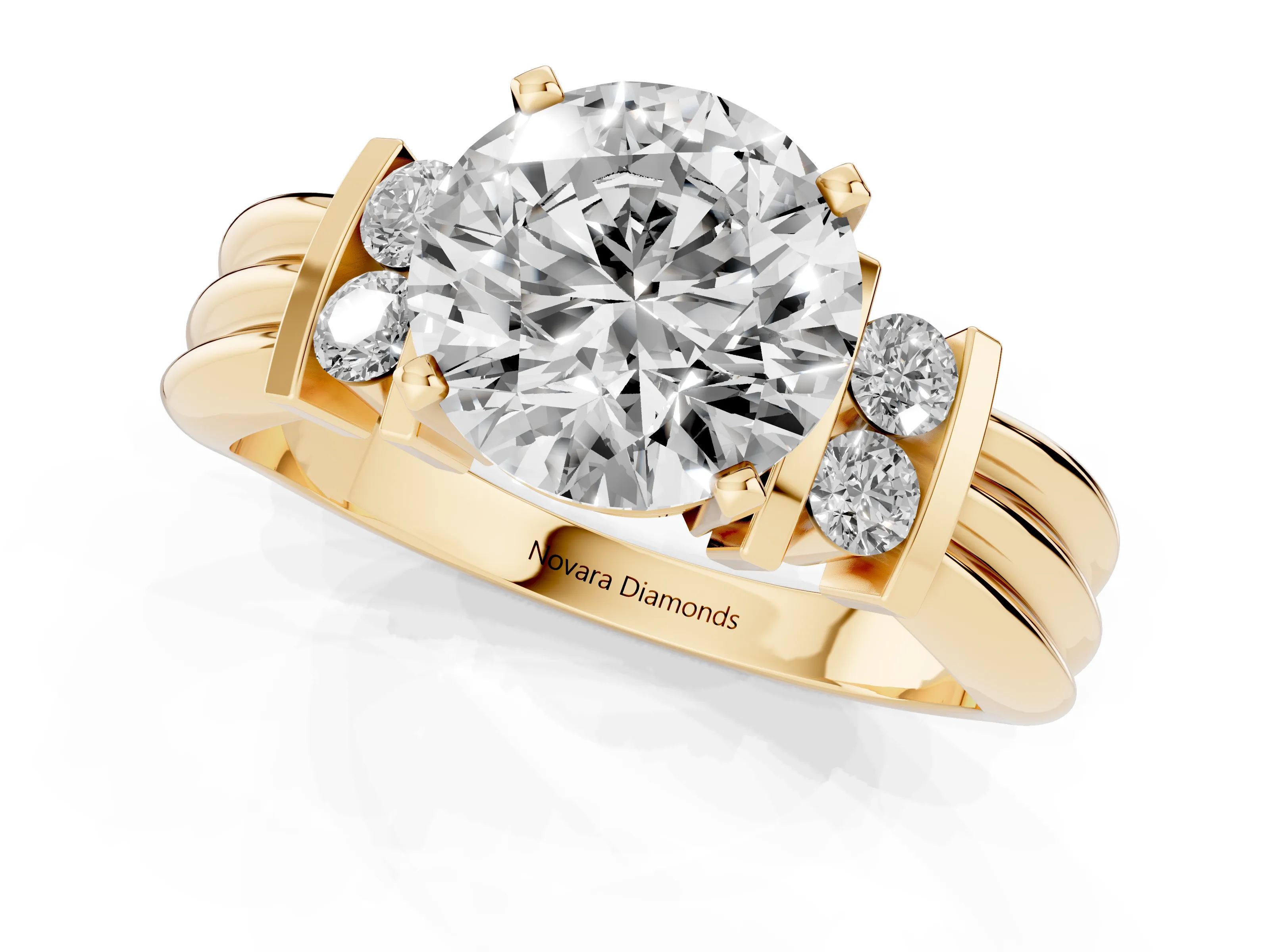 Three-Stone Round Cut Diamond Channel Set Ring Set in Yellow gold with Bar Prongs